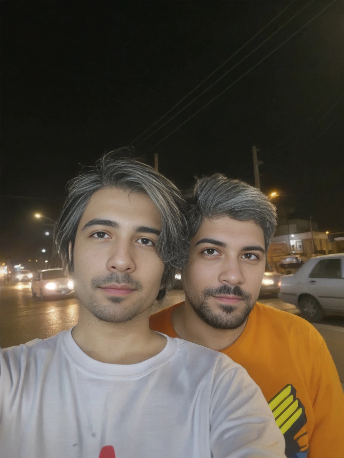 there are two men standing in the street at night taking a selfie, night photo, at night time, during night, very very low quality picture, on a street at night, selfie photo, very accurate photo, on a road, in city street at night, at nighttime, sayem reza, street pic, night!, in persian temple wet night, in city street