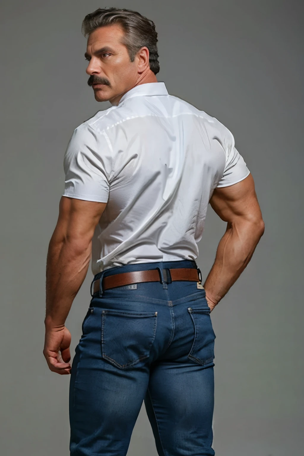 age 60, white man police detective with a mature, full body backside, kind demeanor, strong and muscular yet chubby build, mustache, wearing dress pants and a buttoned-open translucent shirt that reveals a hairy chest and a noticeable bulge, wearing detective badge on belt, giving off a hint of a horny yet disgusting aura, completing the look with comfortable loafers. Jeans backside backside