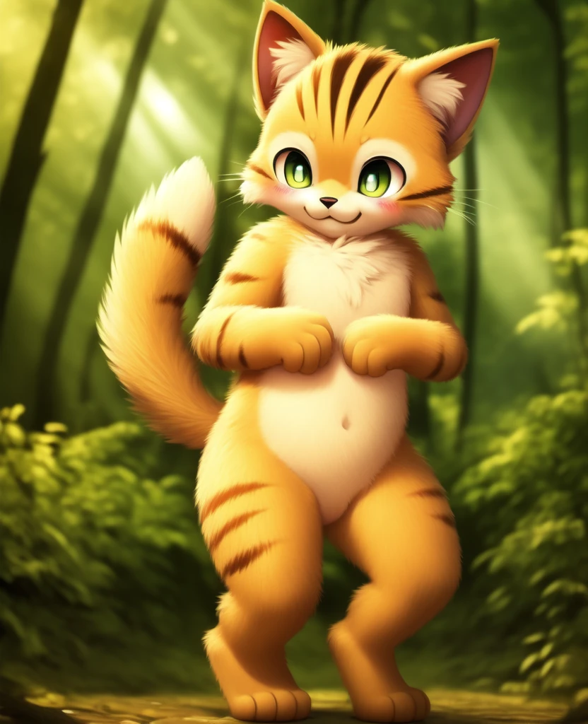 Dagashi, ( Hairy body) , (Realistic fur) , Are standing, Fluffy tail, blush, (:3), A cross between a boy and a cat, happy ,Dancing, Cinema Lighting ,4K, in the forest, cute　nude　Naked　Naked　Completely naked