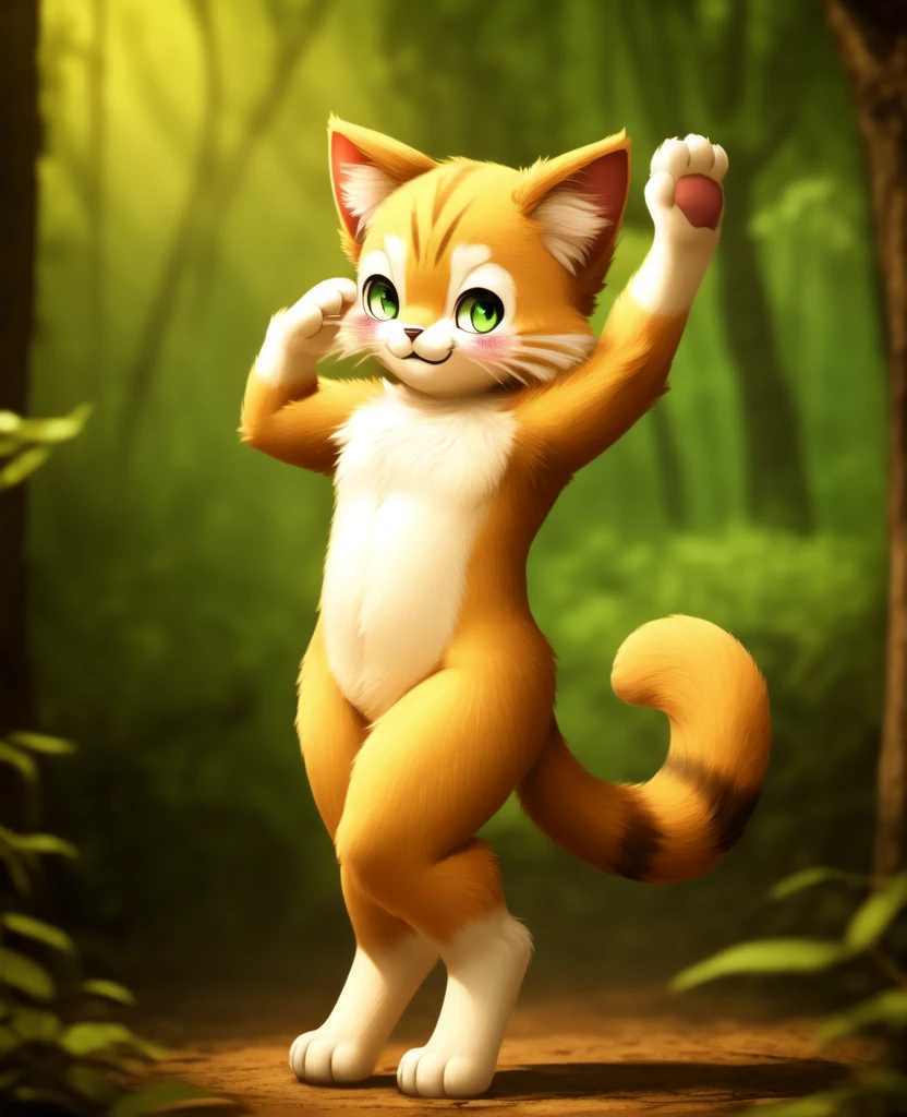 Dagashi, ( Hairy body) , (Realistic fur) , Are standing, Fluffy tail, blush, (:3), A cross between a boy and a cat, happy ,Dancing, Cinema Lighting ,4K, in the forest, cute nude Naked Naked Completely naked