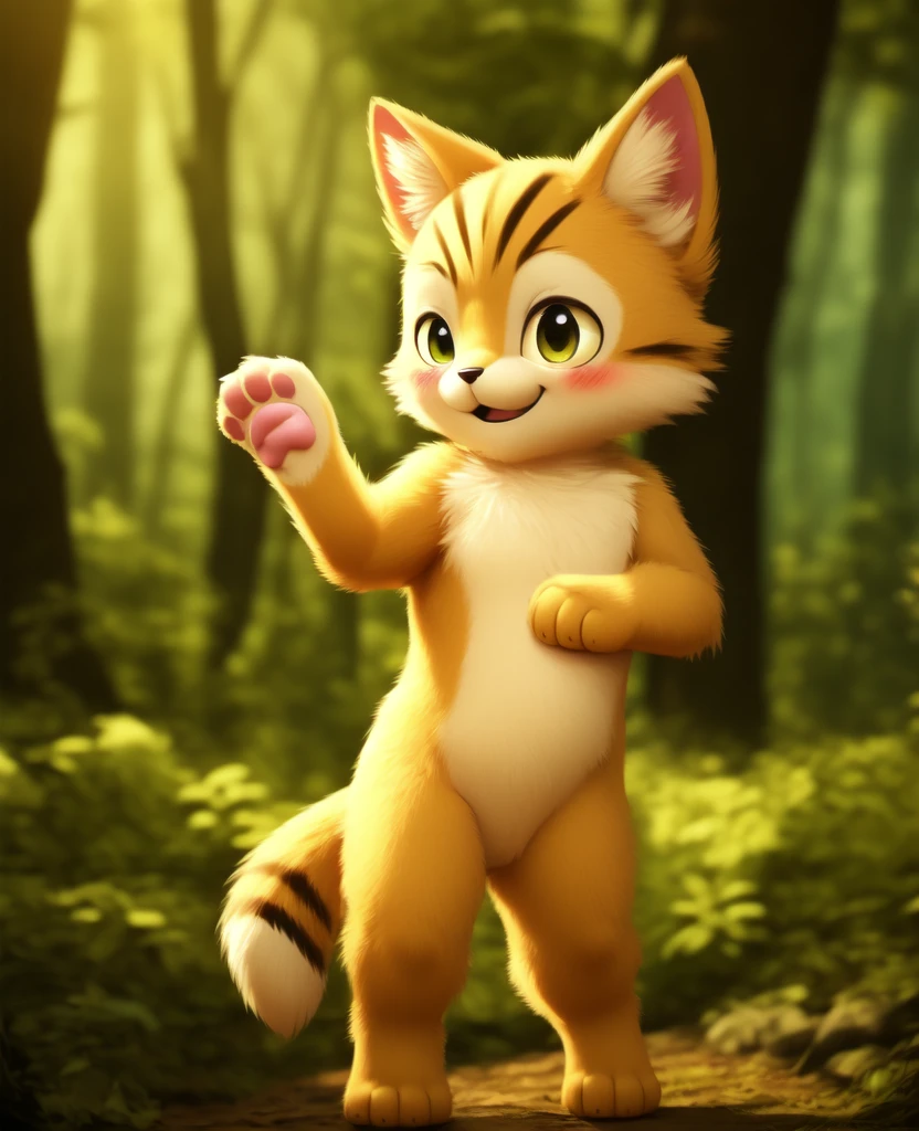 Dagashi, ( Hairy body) , (Realistic fur) , Are standing, Fluffy tail, blush, (:3), A cross between a girl and a cat, happy ,Dancing, Cinema Lighting ,4K, in the forest, cute