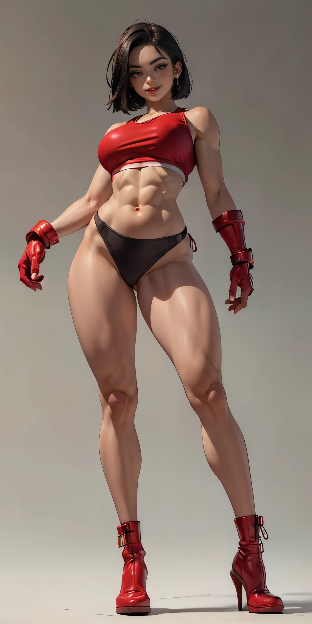 (plain background, 8k, best quality, masterpiece, realistic, photo-realistic:1.37) (full body height standing straight symmetrical contrapposto) (looking at viewer) 2legs apart (wide stance) ultra detailed, 1solo cute girl (beautiful detailed eyes) (smile:1.2) (closed mouth) view from below depth of field, good composition, WHITE SILVER bob hair, perfect knockers, suspenders, toned body, athletic, wide hips, thin waist, toned arms, exposed abdomen, abs toned, navel, big belly button belt ((red cheeks, red eyes, red tank top, red thong, red gloves gauntlets, red stockings thighs))