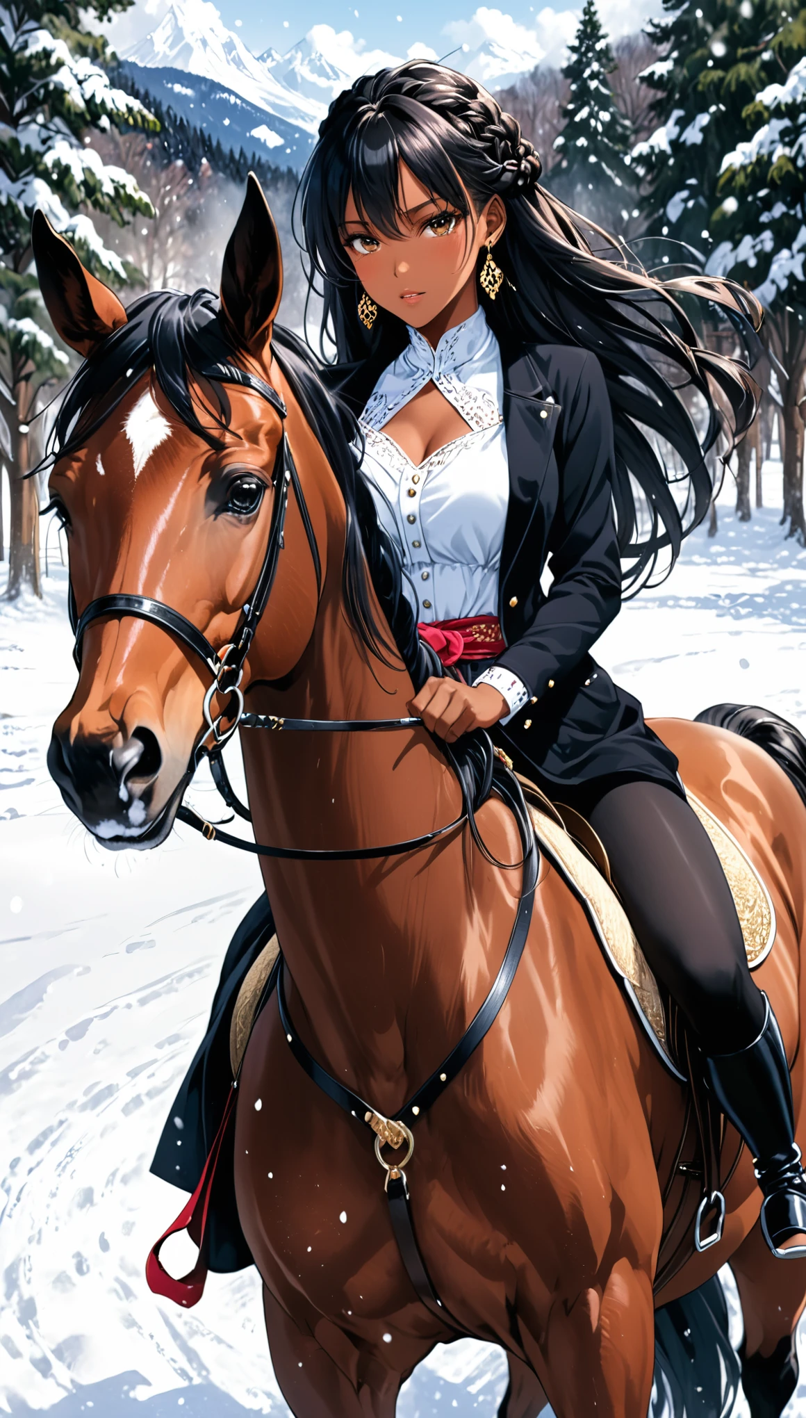 in style of Takeshi Obata,1girl, horse, black hair, earrings, jewelry, long hair, horseback riding, looking at viewer, sash, solo, dark skin, blush, braid, riding, dark-skinned female, snow,masterpiece, best quality,