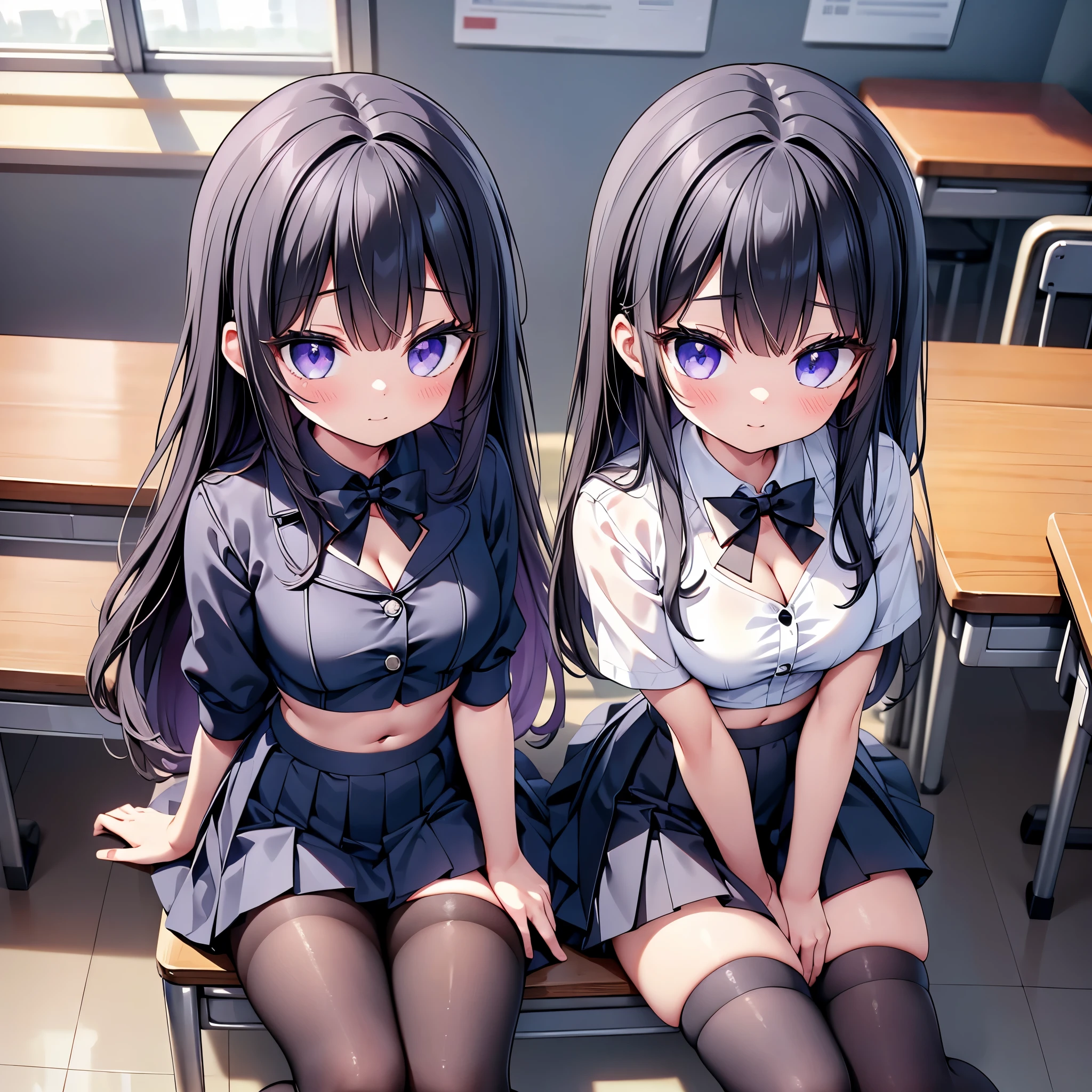 (cute eyes:1.2), (sparkling eyes:1.2), (8K、Best image quality、highest quality、masterpiece)、Detailed face、(2 girls)、Improve、(Black Hair, Purple Eyes, long hair), (skinny body:1.3), (midium breasts:1.1)、((White collared shirt))、(cleavage cutout:1.2), (crop top navel), Cleavage、((Black pleated skirt))、((mini skirt))、White socks、loafers、Sit on a chair、whole body、Taken from above、Classroom Background、 (black stockings:1.1), (Thighs), (Waistline),(from above:1.1)