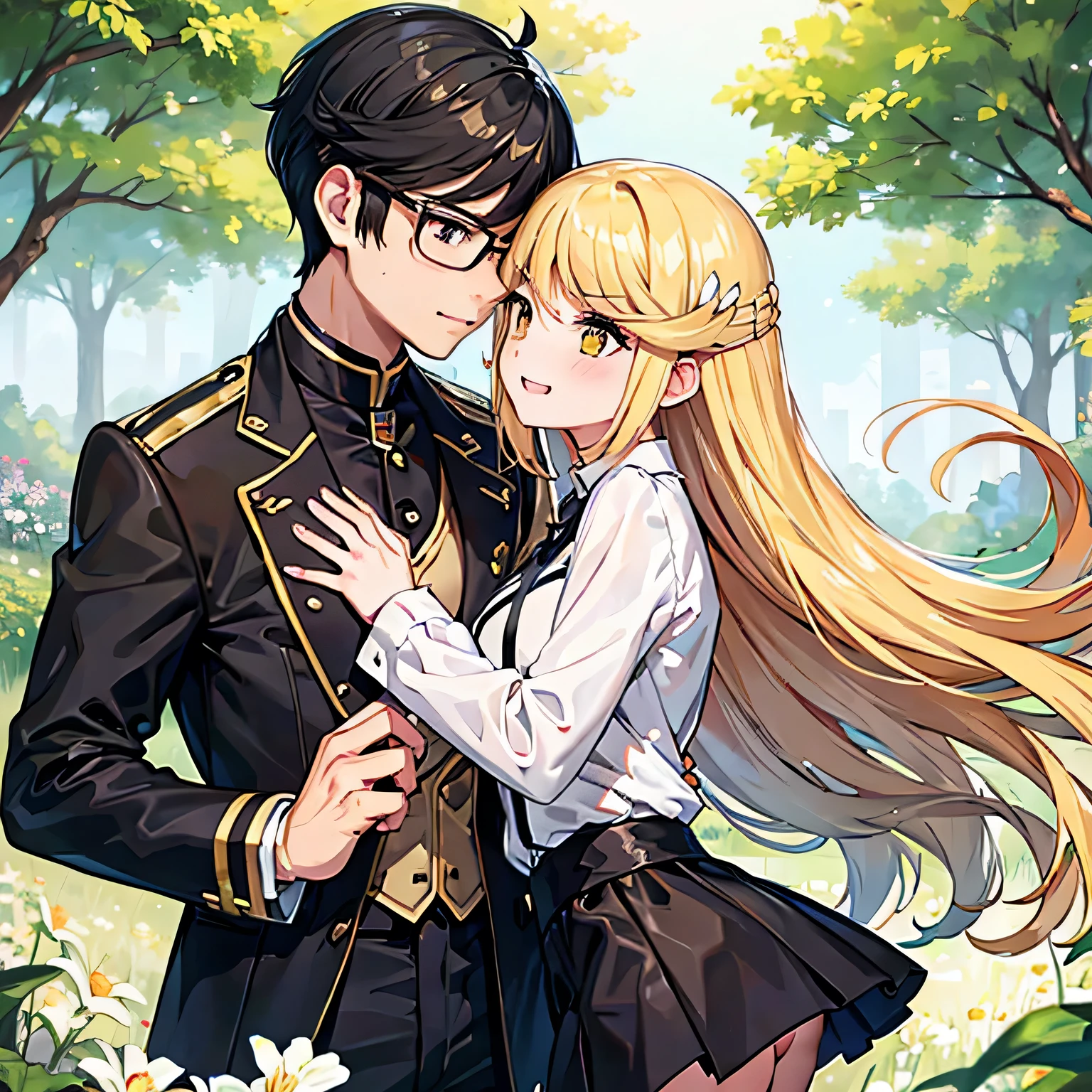 1 boy with black hair with glasses romantically kissing a girl with blonde hair and amber eyes. Campo de flores al fondo., amor verdadero, mejillas sonrojadas, alta calidad, uniforme escolar