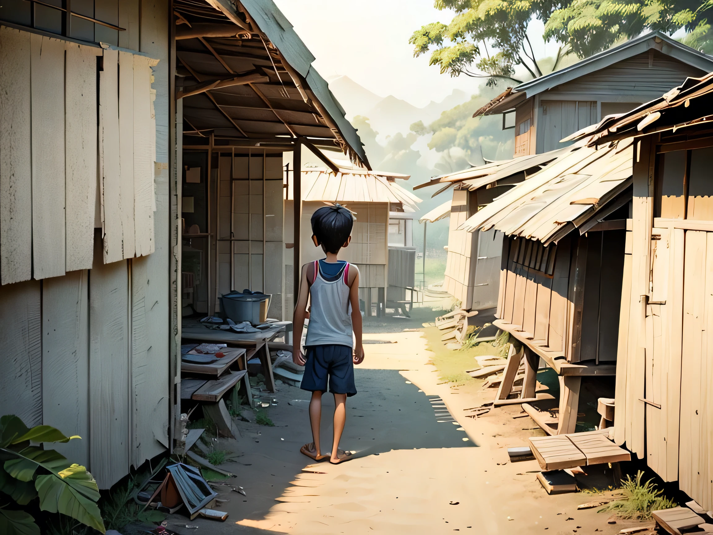 There is a poor boy wearing torn vest, shorts and without slippers standing and looking at broken hut