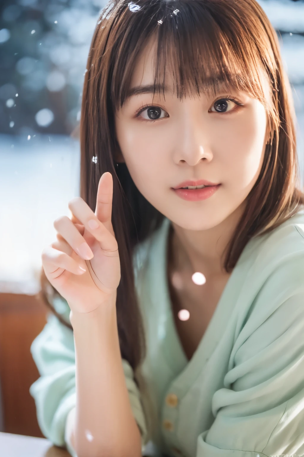 Ulzzang-6500-v1.1, (RAW Photos:1.2), (Photorealistic), Beautiful detailed girl, (Genuine: 1.4), Very detailedな目と顔, Beautiful and fine details, Snow Scene、Large file size, High resolution, Very detailed, highest quality, [masterpiece:1.6], Awareness-raising, Very detailed, Hmph, In detail, highest quality, 8k wallpaper, Cinema Lighting, One Girl, , Perfect figure, Cute droopy eyes、Beautiful big eyes、Pieck Finger, ((Tabletop)), highest quality, One Girl, eye shadow, Upper Body, Portraiture, ((Full Body Shot:1.2))、