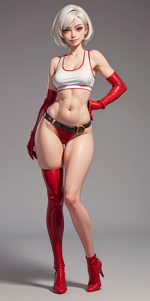 (plain background, 8k, best quality, masterpiece, realistic, photo-realistic:1.37) (full body height standing straight symmetrical contrapposto) (looking at viewer) 2legs apart (wide stance) ultra detailed, 1solo cute girl (beautiful detailed eyes) (smile:1.2) (closed mouth) view from below depth of field, good composition, WHITE SILVER bob hair, perfect knockers, suspenders, toned body, athletic, wide hips, thin waist, toned arms, exposed abdomen, abs toned, navel, big belly button belt ((red cheeks, red eyes, red tank top, red thong, red gloves gauntlets, red stockings thighs))
