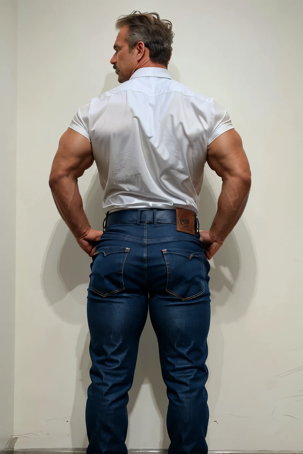 age 60, white man police detective with a mature, full body backside, kind demeanor, strong and muscular yet chubby build, mustache, wearing dress pants and a buttoned-open translucent shirt that reveals a hairy chest and a noticeable bulge, wearing detective badge on belt, giving off a hint of a horny yet disgusting aura, completing the look with comfortable loafers. Jeans backside backside