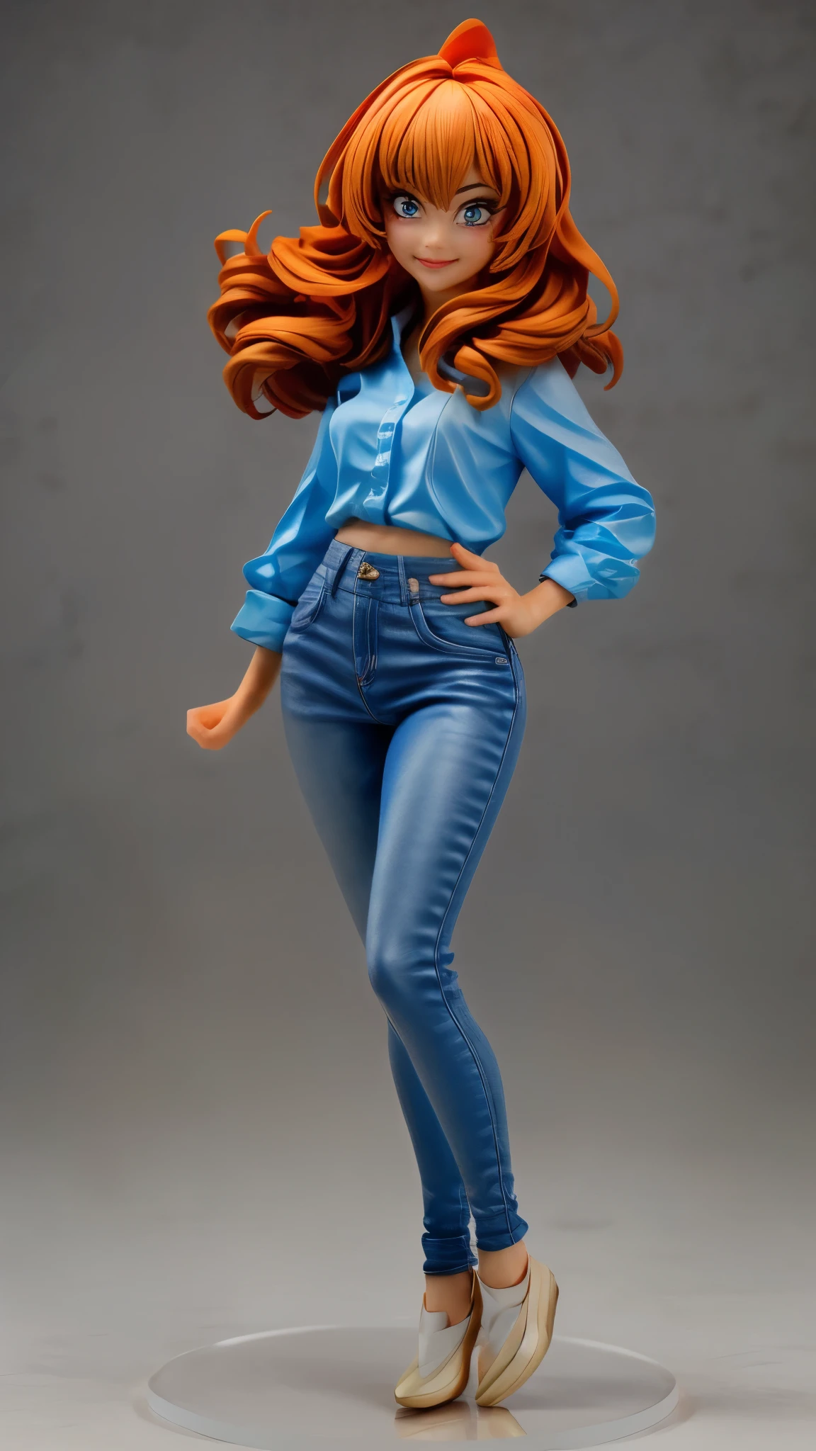 (best quality,4k,8k,highres,masterpiece:1.2),ultra-detailed, An action figure of a 39 year old Japanese woman, gyaru, five foot five inches tall, ginger colored hair, mole by her left eye, blue button up blouse, maroon jeans, large swollen breasts, wide hips, dancing around mid-western suburban american house, seductive pose, smiling lustfully, looking at viewer lovingly, ((Fullbody-shot)) HDR, 8k, absurdres, cinestill 800, sharp focus, add_detail:2 (1woman, solo)