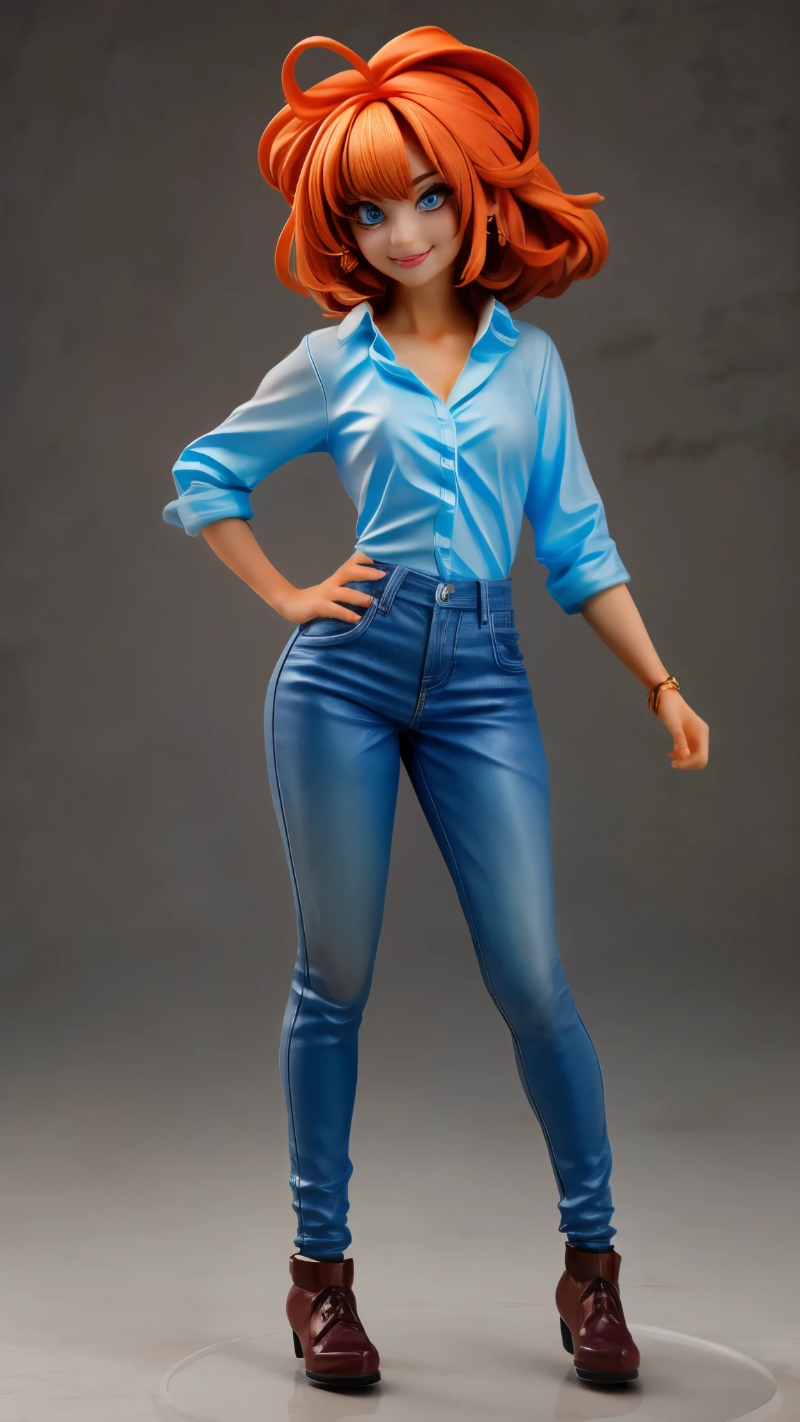 (best quality,4k,8k,highres,masterpiece:1.2),ultra-detailed, An action figure of a 39 year old Japanese woman, gyaru, five foot five inches tall, ginger colored hair, mole by her left eye, blue button up blouse, maroon jeans, large swollen breasts, wide hips, dancing around mid-western suburban american house, seductive pose, smiling lustfully, looking at viewer lovingly, ((Fullbody-shot)) HDR, 8k, absurdres, cinestill 800, sharp focus, add_detail:2 (1woman, solo)