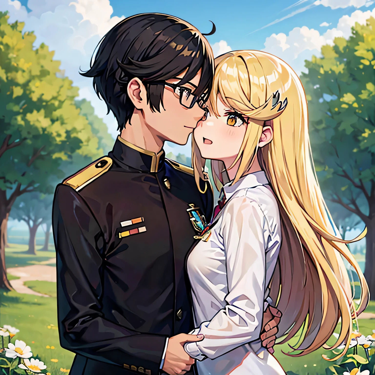 1 chico con pelo negro, and glasses romantically kissing a girl with blonde hair and amber eyes. Campo de flores al fondo., amor verdadero, mejillas sonrojadas, alta calidad , uniforme escolar