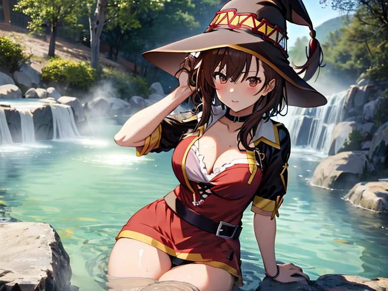 Open-air hot spring, beautiful girl, Two people, misaka mikoto, Megumin、UHD, retina, ccurate, masterpiece, anatomically correct, textured skin, super detail, high details, high quality, award winning, best quality, highres, 8k