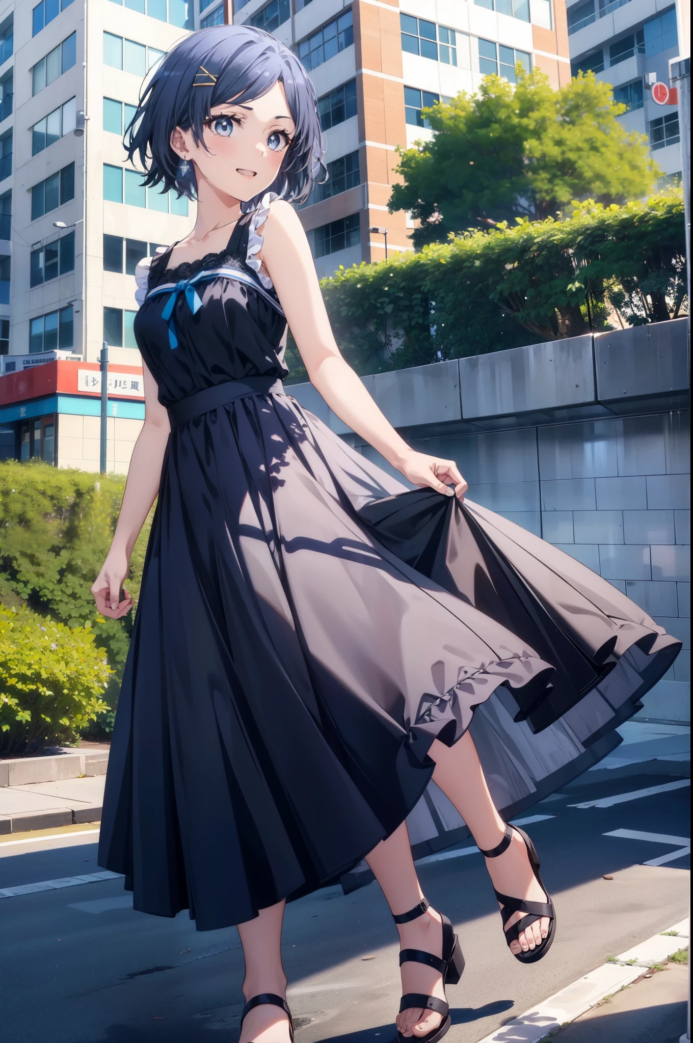 komachihikigaya, komachi hikigaya, short hair, Black Hair, hair ornaments, Ahoge, Hair Clip, x hair ornaments, (Purple eyes:1.1),tooth,happy smile, smile, Open your mouth, Sleeveless black dress,Black long skirt,Cute heeled sandals,whole bodyがイラストに入るように,Real Summer,sunny,Daytime, break outdoors ,city,Building district,Coastal Road break looking at viewer, whole body, break (masterpiece:1.2), highest quality, High resolution, unity 8k wallpaper, (shape:0.8), (Beautiful and beautiful eyes:1.6), Highly detailed face, Perfect lighting, Extremely detailed CG, (Perfect hands, Perfect Anatomy),