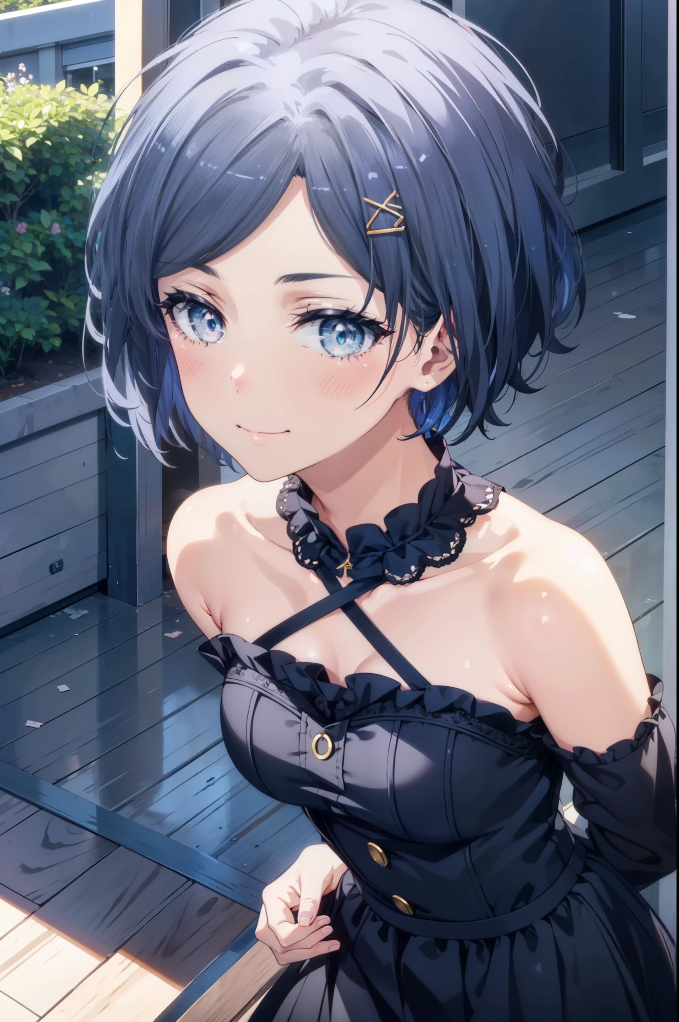 komachihikigaya, komachi hikigaya, short hair, Black Hair, hair ornaments, Ahoge, Hair Clip, x hair ornaments, (Purple eyes:1.1),tooth,happy smile, smile, Open your mouth, Sleeveless black dress,Black long skirt,Cute heeled sandals,whole bodyがイラストに入るように,Real Summer,sunny,Daytime,　　　　　　　　　　　　　　　break outdoors ,city,Building district,Coastal Road　　　　　　　　　　　　　　　break looking at viewer, whole body, break (masterpiece:1.2), highest quality, High resolution, unity 8k wallpaper, (shape:0.8), (Beautiful and beautiful eyes:1.6), Highly detailed face, Perfect lighting, Extremely detailed CG, (Perfect hands, Perfect Anatomy),