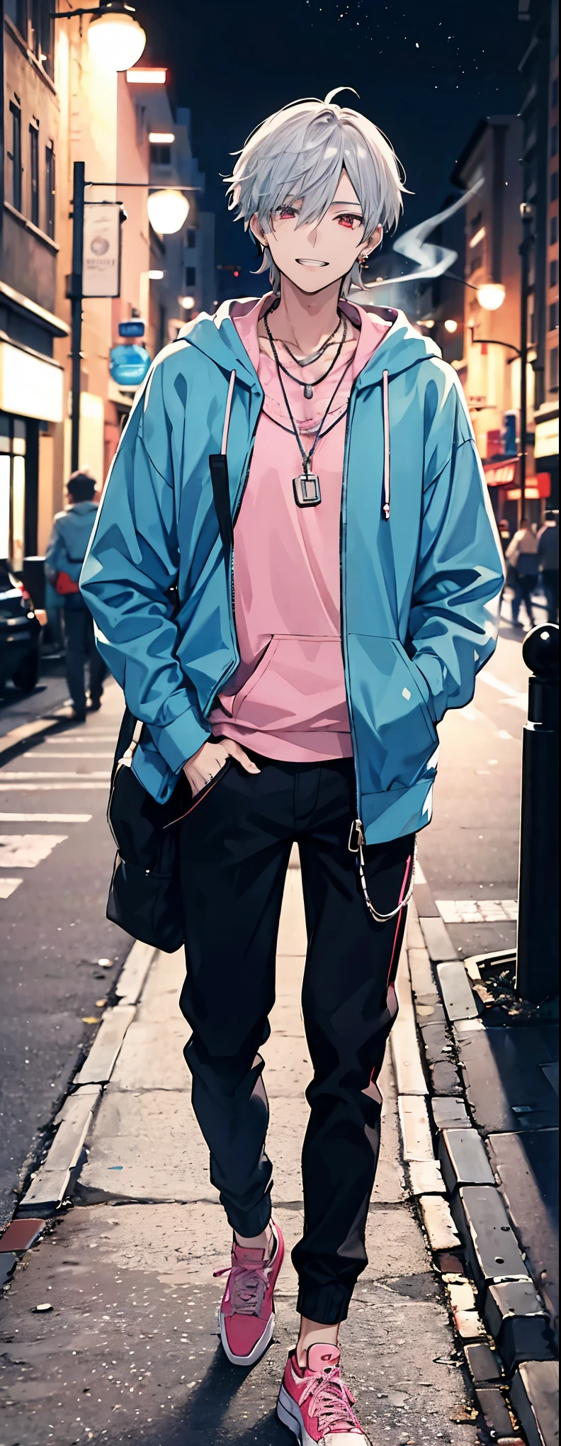 High resolution, high resolution,2D Anime Style,,Cool guy,Mature look,,20th Generation,Short Hair,Silver Hair,Red eyes,Beautiful watch,Beautiful earrings,Beautiful necklace,Dark Street Fashion,Light blue and pink hoodie,Long pants,He is smiling a little,night,walking,Put your hands in your pockets,Smoking a cigarette,Holding a cigarette