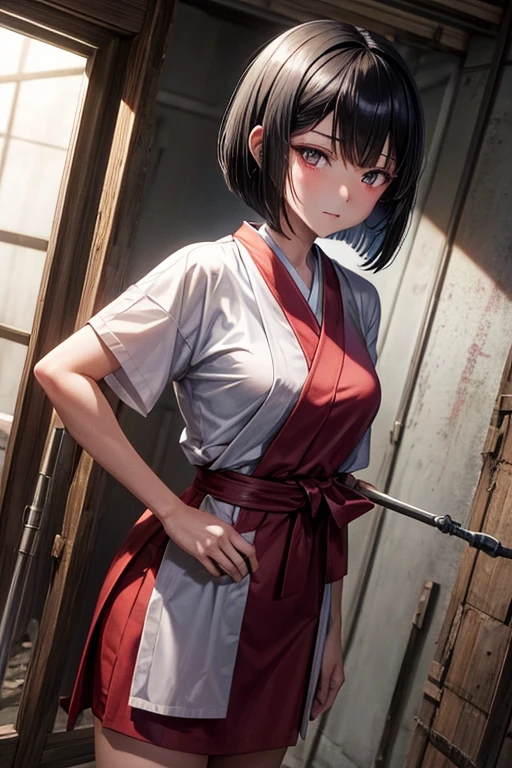 Black hair bob cut smart A woman wearing a shrine maiden outfit is standing and poised Fighting in an abandoned hospital at night Dirty walls dim surgical tools Struggled impatience fear regret