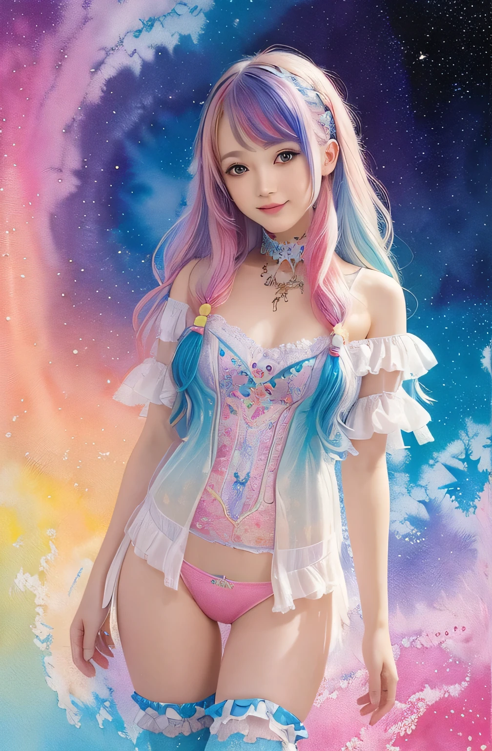 (masterpiece, highest quality, highest quality,watercolor (Moderate),Official Art, beautifully、aesthetic:1.2),(One girl:1.3), (Fractal Art:1.3), View your viewers,pattern,(Rainbow Hair,colorful hair,Half Blue、Half pink hair:1.2),water,liquid, cloud,colorful, Starry sky,performer,from the front,Smile,See-through costume,Upper body and thighs