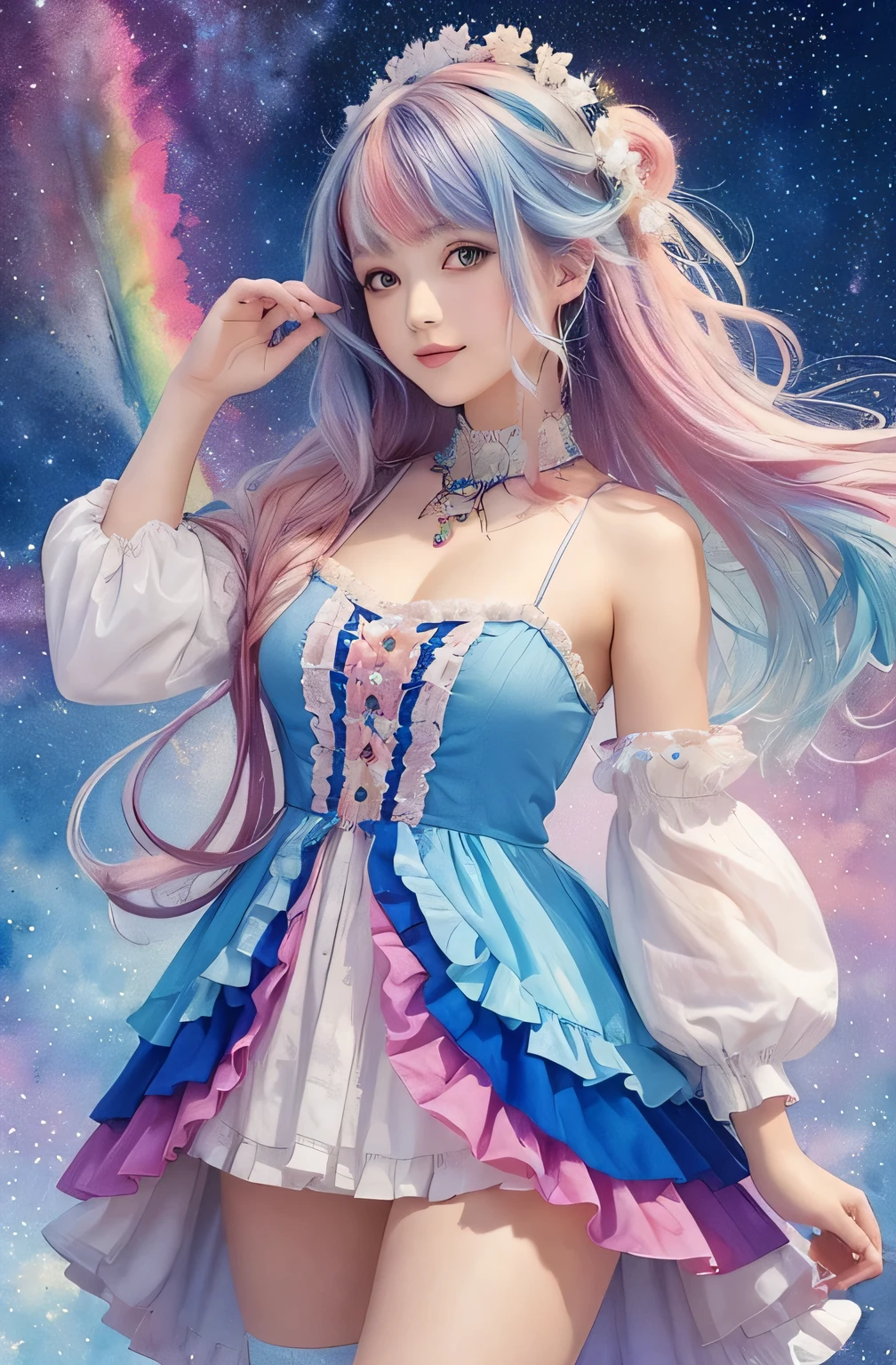 (masterpiece, highest quality, highest quality,watercolor (Moderate),Official Art, beautifully、aesthetic:1.2),(One girl:1.3), (Fractal Art:1.3), View your viewers,pattern,(Rainbow Hair,colorful hair,Half Blue、Half pink hair:1.2),water,liquid, cloud,colorful, Starry sky,performer,from the front,Smile,See-through costume,Upper body and thighs
