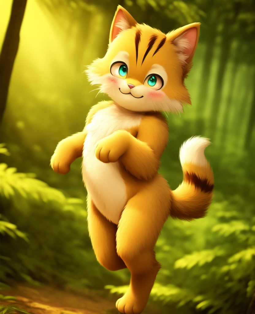 Dagashi, ( Hairy body) , (Realistic fur) , Are standing, Fluffy tail, blush, (:3), A cross between a boy and a cat, happy ,Dancing, Cinema Lighting ,4K, in the forest, cute　nude　Naked　Naked　Completely naked　