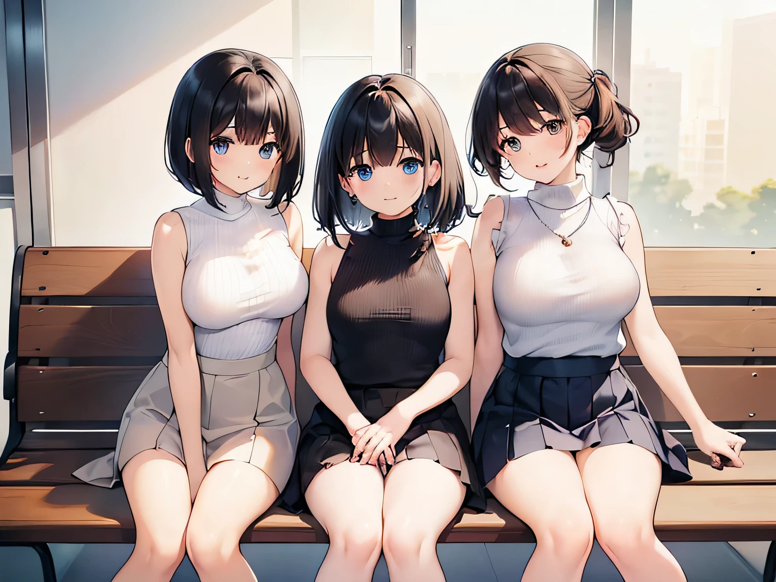 (masterpiece、highest quality、High resolution、Realistic photo、Real looking skin:1.1)、
(Three women are sitting side by side on benches in the company break room.:1.8)、
(The skirt is so short that her panties are visible:1.5)、
(Smiling happily:1.5)、
(The first person was wearing a beige sleeveless turtleneck sweater and a mini skirt.、I'm wearing pumps:1.5)、
(The second person is wearing a blue short-sleeved turtleneck sweater and a mini skirt.、I'm wearing pumps:1.5)、
(The third girlfriend was wearing a white short-sleeved V-neck knit and a mini skirt.、I'm wearing pumps:1.5)、
(Hairstyle、The first one has long black hair、The second person has short brown hair.、The third person has short black hair.:1.8)、
(The location was a bench in the company&#39;s break room.:1.5)、
Full Body Esbian、Beautiful Eyes、Shining Eyes、Shining thighs、NSFW