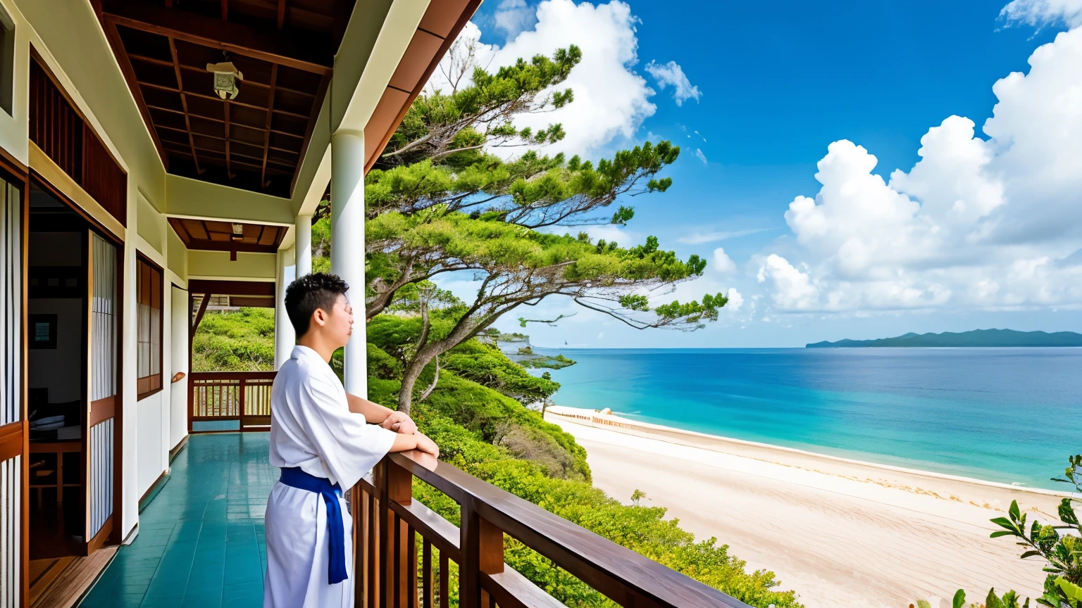 Please generate an image depicting a scene where a high school boy is humming a Ryukyu folk song on the veranda of a seaside house in Okinawa.。High school boys、Wearing a Ryukyu kimono。
In the background、The clear, blue sea that is symbolic of Okinawa spreads out before you.、The coastline features white sandy beaches。The gentle waves of the ocean lapping on the shore、The blue sky and white clouds in the distance add to the atmosphere of the image.。This image is、Expressing how the younger generation is inheriting the traditional culture of the Ryukyus、Please make it something that also conveys the natural beauty of Okinawa.。