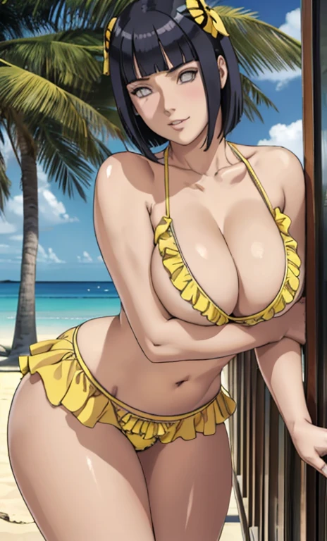 standing, solo, hinata\(boruto\), 1girl, mature female, clothes((frilly, bikini, yellow bumblebee)), sideboob, large breasts, areola slip, cleavage, leaning forward, hanging breasts, curvy, standing, arms down, looking at viewer, blush, parted lips, light smile, short hair