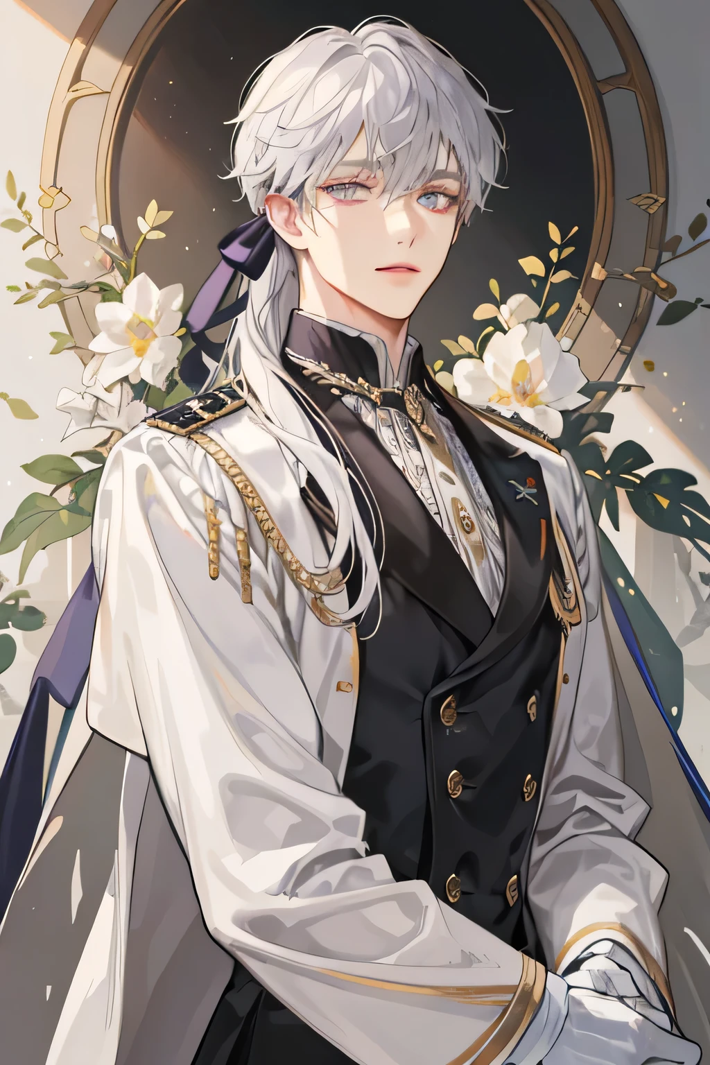 Emporer, Young Man, male, 1boy, mature male, manly, shine, depicting Equal eyes, golden eyes (A Male god) Look at camera, depicting delicate facial features, black uniform, white gloves, gothic style, ribbon, silver white long hair, extreme detail, delicate depiction, light golden eyes, all colors except purple are low saturation, Only purple is the most conspicuous, royal, elegant, noble, royal dress