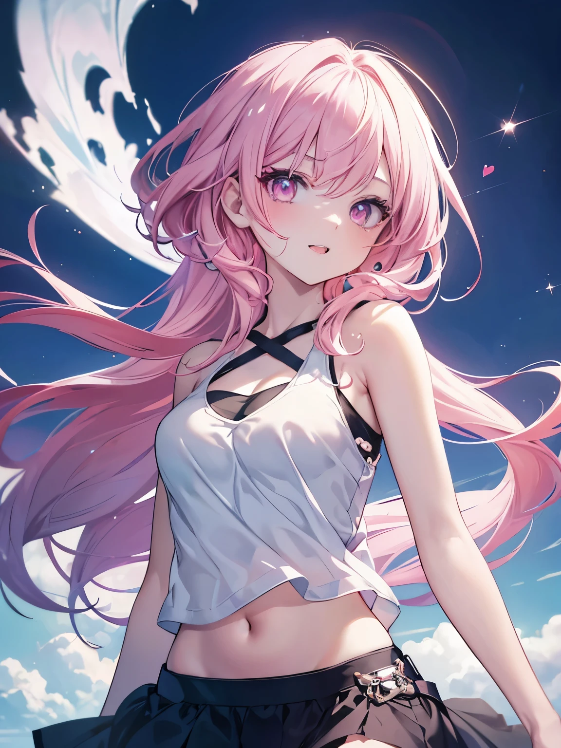 masutepiece, Highest Quality, (Perfect face:1.1), (high detailing:1.1), (ultradetailed eyes), Dramatic, superfine illustration, Extremely detailed,1girl in, teenager,(pale skin), Happy, Laugh, Enjoy, pinkhair,gloweyes,pink eyes,Ethereal eyes, with heart-shaped eyes,open mouth,smile,Solo,Pouty lips,Cinematic lighting,cowboy shot,looking at viewer, tank top, halter top, mini skirt,outdoor,bluesky,sunny