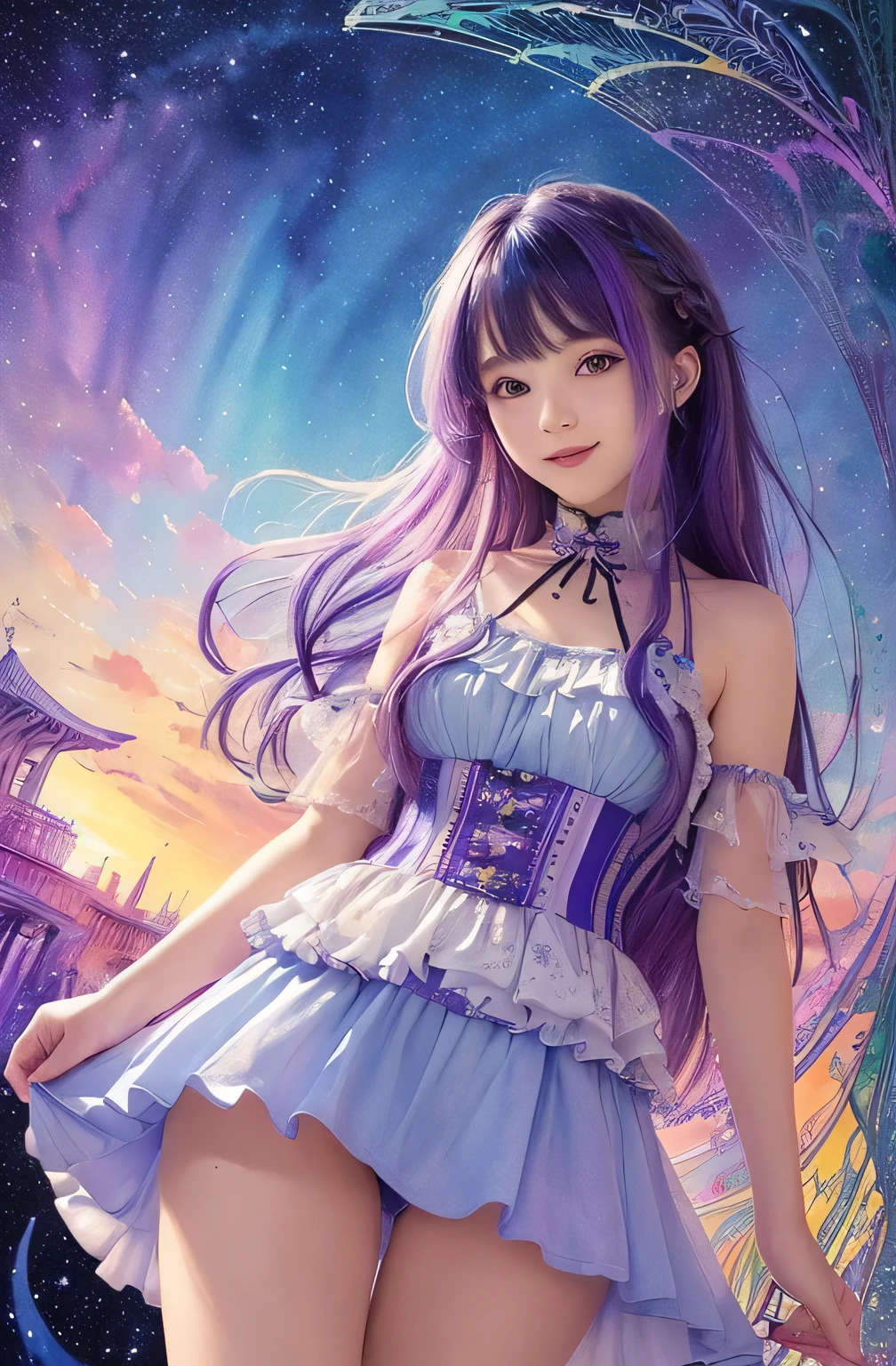 (masterpiece, highest quality, highest quality,watercolor (Moderate),Official Art, beautifully、aesthetic:1.2),(One girl:1.3), (Fractal Art:1.3), View your viewers,pattern,(Rainbow Hair,colorful hair,Half Blue、Half purple hair:1.2),water,liquid, cloud,colorful, Starry sky,performer,from the front,Smile,See-through costume,Upper body and thighs