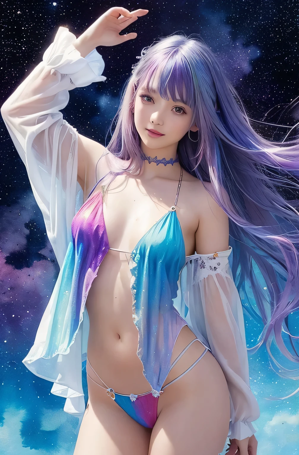 (masterpiece, highest quality, highest quality,watercolor (Moderate),Official Art, beautifully、aesthetic:1.2),(One girl:1.3), (Fractal Art:1.3), View your viewers,pattern,(Rainbow Hair,colorful hair,Half Blue、Half purple hair:1.2),water,liquid, cloud,colorful, Starry sky,performer,from the front,Smile,See-through costume,Upper body and thighs