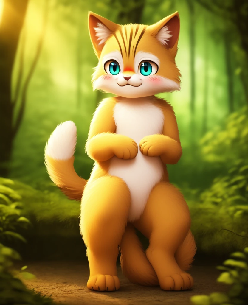 Dagashi, ( Hairy body) , (Realistic fur) , Are standing, Fluffy tail, blush, (:3), A cross between a boy and a cat, happy ,Dancing, Cinema Lighting ,4K, in the forest, cute　nude　Naked　Naked　Completely naked　sit down　Sit on the ground