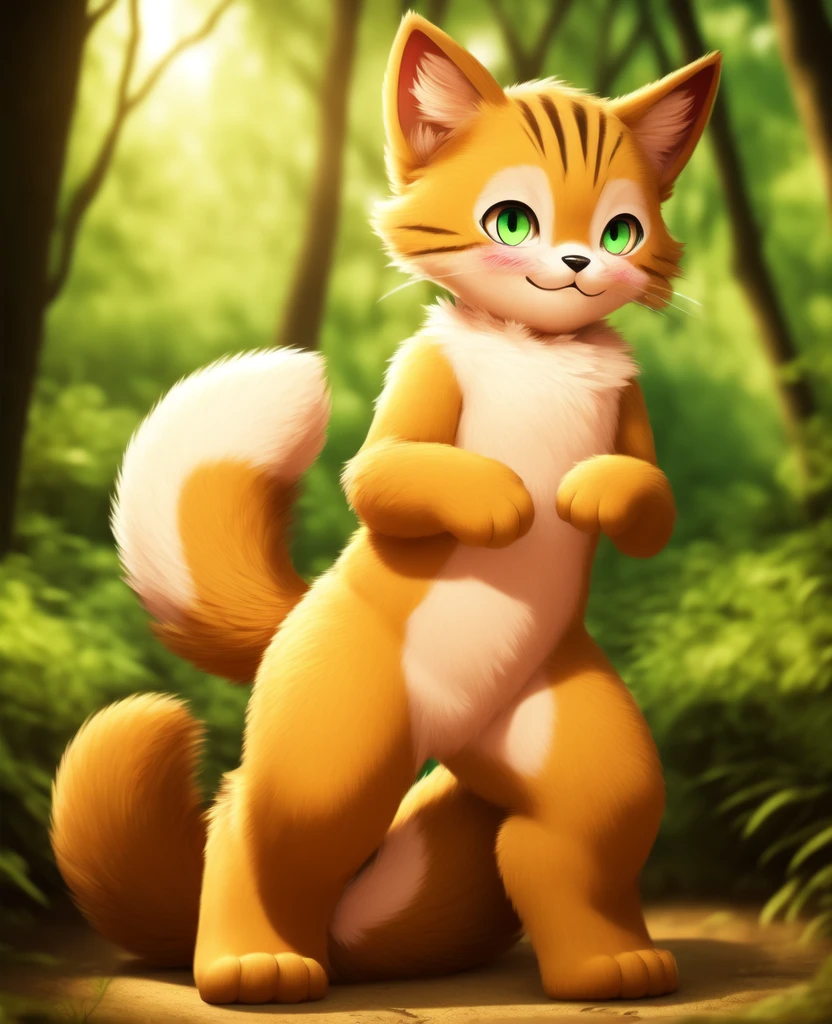 Dagashi, ( Hairy body) , (Realistic fur) , Are standing, Fluffy tail, blush, (:3), A cross between a boy and a cat, happy ,Dancing, Cinema Lighting ,4K, in the forest, cute nude Naked Naked Completely naked sit down Sit on the ground