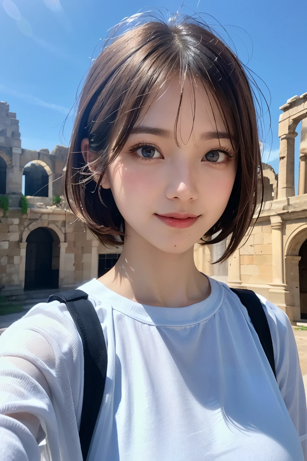 Ultra-high resolution、(Real:1.4)、One beautiful woman、Beautifully detailed eyes and skin、A Little Smile、No makeup、Light brown short hair、Outdoor style clothing、Blue World、Rugged mountains、Ancient Ruins、Huge spaceship in the distance、Sci-Fi Taste、Movie quality、