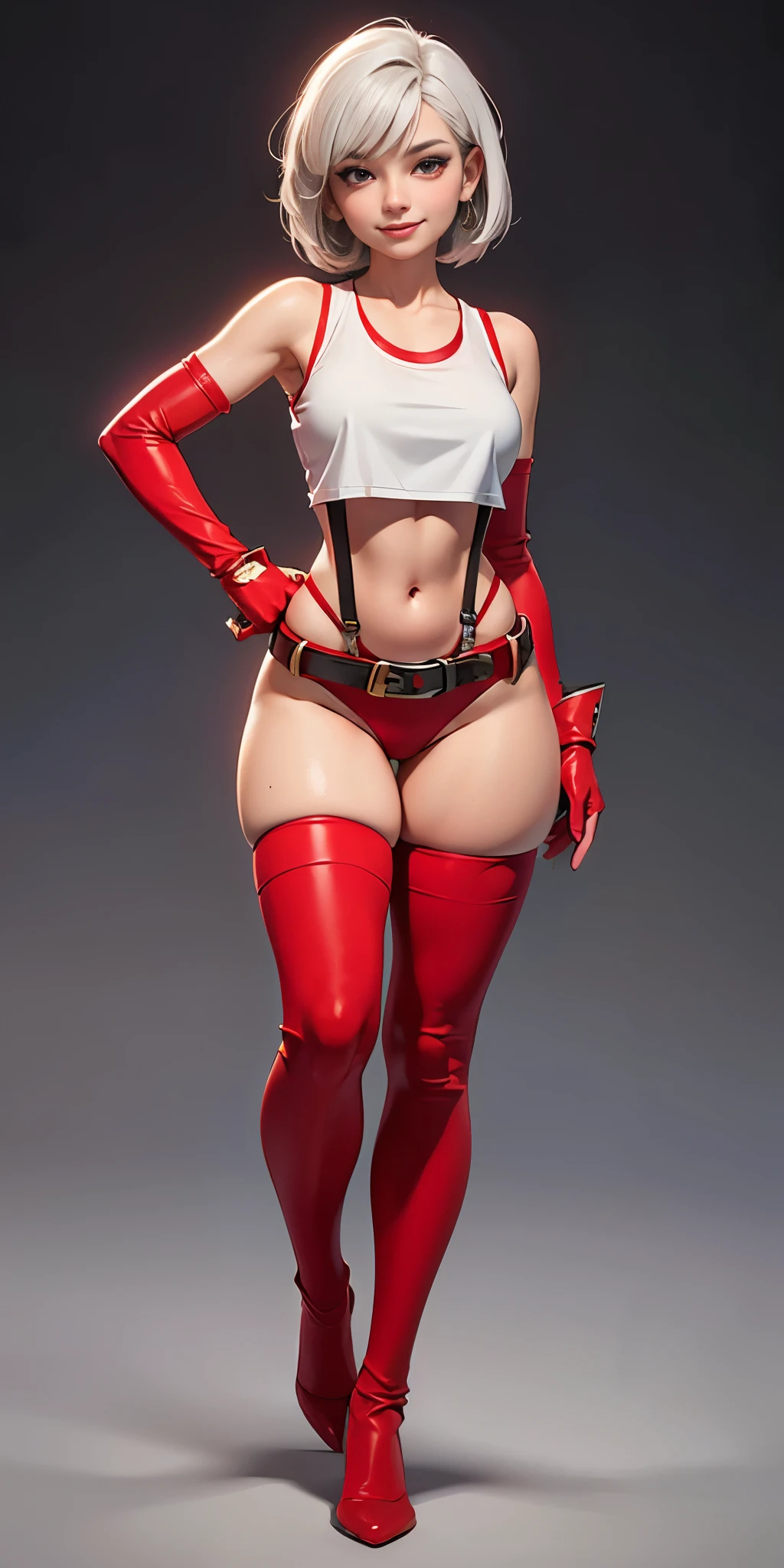 (plain background, 8k, best quality, masterpiece, realistic, photo-realistic:1.37) (full body height standing straight symmetrical contrapposto) (looking at viewer) 2legs apart (wide stance) ultra detailed, 1solo cute girl (beautiful detailed eyes) (smile:1.2) (closed mouth) view from below depth of field, good composition, WHITE SILVER bob hair, perfect knockers, suspenders, toned body, athletic, wide hips, thin waist, toned arms, exposed abdomen, abs toned, navel, big belly button belt ((red cheeks, red eyes, red tank top, red thong, red gloves gauntlets, red stockings thighs))