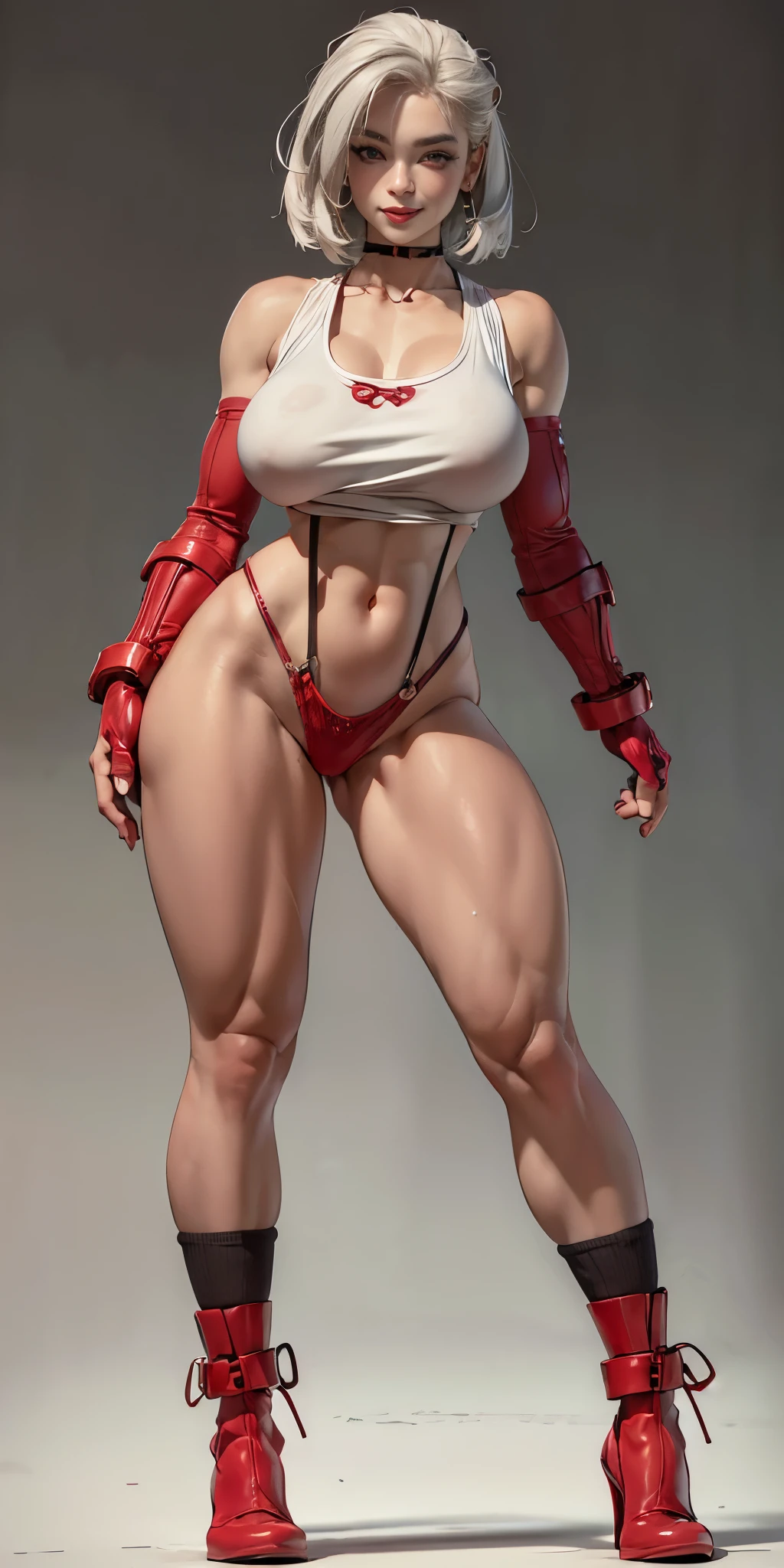 (plain background, 8k, best quality, masterpiece, realistic, photo-realistic:1.37) (full body height standing straight symmetrical contrapposto) (looking at viewer) 2legs apart (wide stance) ultra detailed, 1solo cute girl (beautiful detailed eyes) (smile:1.2) (closed mouth) view from below depth of field, good composition, WHITE SILVER bob hair, perfect knockers, suspenders, toned body, athletic, wide hips, thin waist, toned arms, exposed abdomen, abs toned, navel, big belly button belt ((red cheeks, red eyes, red tank top, red thong, red gloves gauntlets, red stockings thighs))