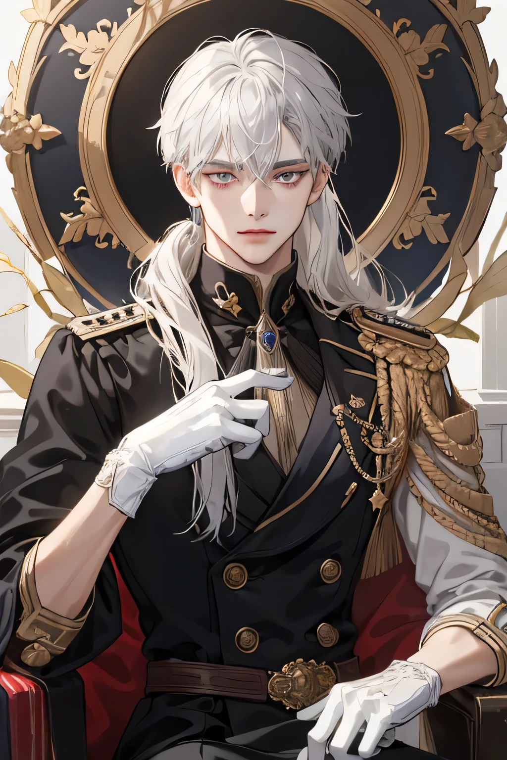 Emporer, Young Man, male, 1boy, mature male, manly, shine, depicting Equal eyes, golden eyes (A Male god) Look at camera, depicting delicate facial features, black uniform, white gloves, gothic style, ribbon, silver white long hair, extreme detail, delicate depiction, light golden eyes, all colors except purple are low saturation, royal, elegant, noble, royal dress, gold eyes, silver white long hair