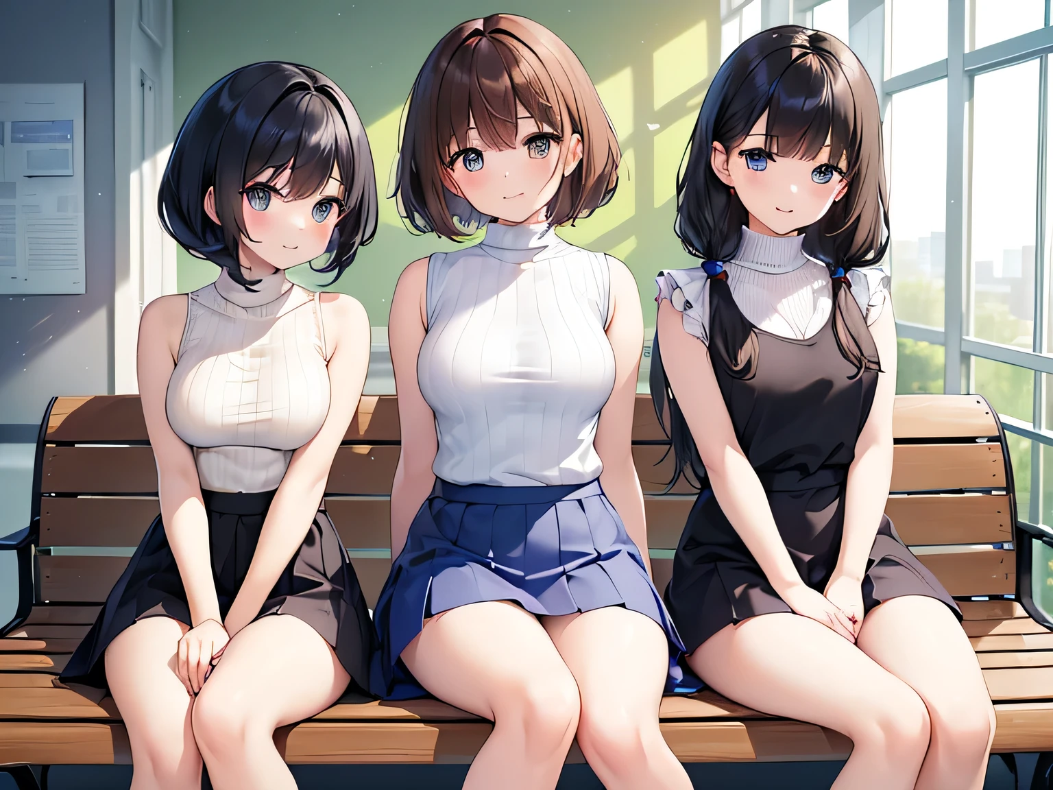 (masterpiece、highest quality、High resolution、Realistic photo、Real looking skin:1.1)、
(Three women are sitting side by side on benches in the company break room.:1.8)、
(The skirt is so short that her panties are visible:1.5)、
(Smiling happily:1.5)、
(The first person was wearing a beige sleeveless turtleneck sweater and a mini skirt.、I'm wearing pumps:1.5)、
(The second person is wearing a blue short-sleeved turtleneck sweater and a mini skirt.、I'm wearing pumps:1.5)、
(The third girlfriend was wearing a white short-sleeved V-neck knit and a mini skirt.、I'm wearing pumps:1.5)、
(Hairstyle、The first one has long black hair、The second person has short brown hair.、The third person has short black hair.:1.8)、
(The location was a bench in the company's break room.:1.5)、
Full Body Esbian、Beautiful Eyes、Shining Eyes、Shining thighs、NSFW