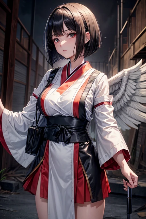 Black hair bob cut　smart　A woman wearing a shrine maiden outfit is standing with her arms outstretched in front of her, ready to go.　There are several souls flying around.　Fighting in an abandoned hospital at night　Dirty walls　darkness　surgical tools　Struggled　impatience　fear　regret　Just before defeat