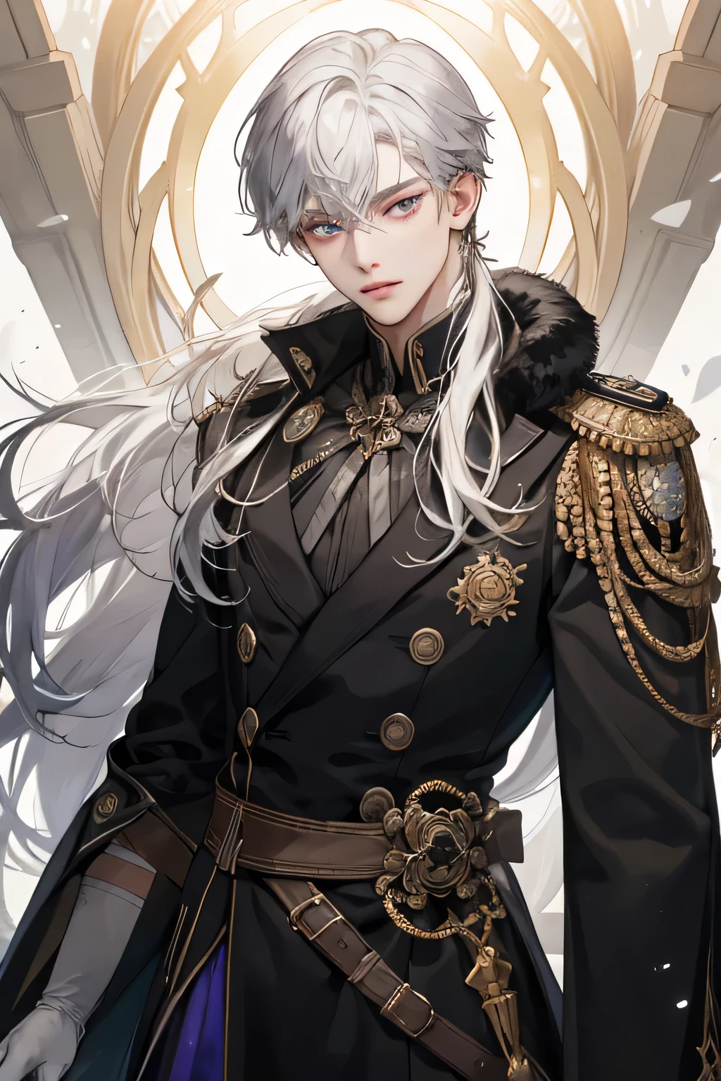 Emporer, Young Man, male, 1boy, mature male, manly,  shine, depicting Equal eyes, golden eyes (A Male god) Look at camera, depicting delicate facial features, black uniform, white gloves, gothic style, ribbon, silver white   long hair, extreme detail, delicate depiction, light golden eyes, all colors except purple are low saturation, royal, elegant, noble, royal dress, gold eyes, silver white long hair