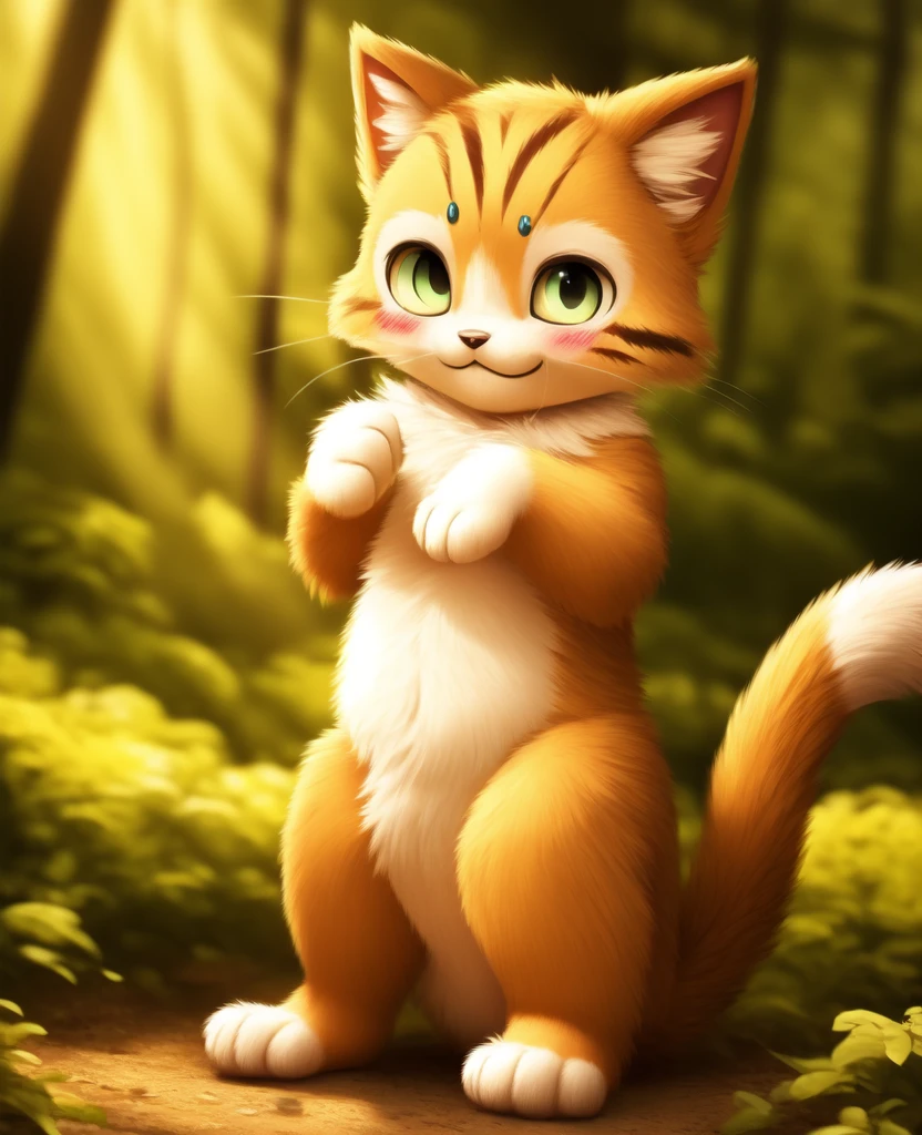 Dagashi, ( Hairy body) , (Realistic fur) , Are standing, Fluffy tail, blush, (:3), A cross between a boy and a cat, happy , Cinema Lighting ,4K, in the forest, cute nude Naked Naked Completely naked sit down Sit with your hands on the ground