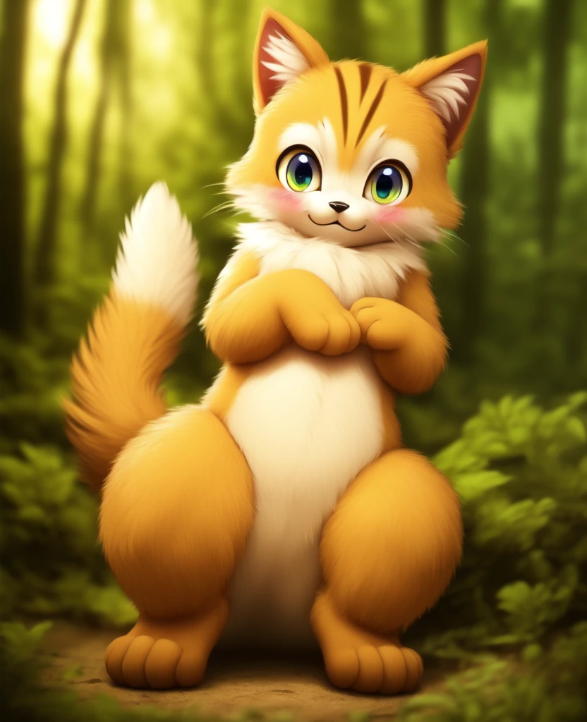 Dagashi, ( Hairy body) , (Realistic fur) , Are standing, Fluffy tail, blush, (:3), A cross between a boy and a cat, happy , Cinema Lighting ,4K, in the forest, cute　nude　Naked　Naked　Completely naked　sit down　Sit with your hands on the ground