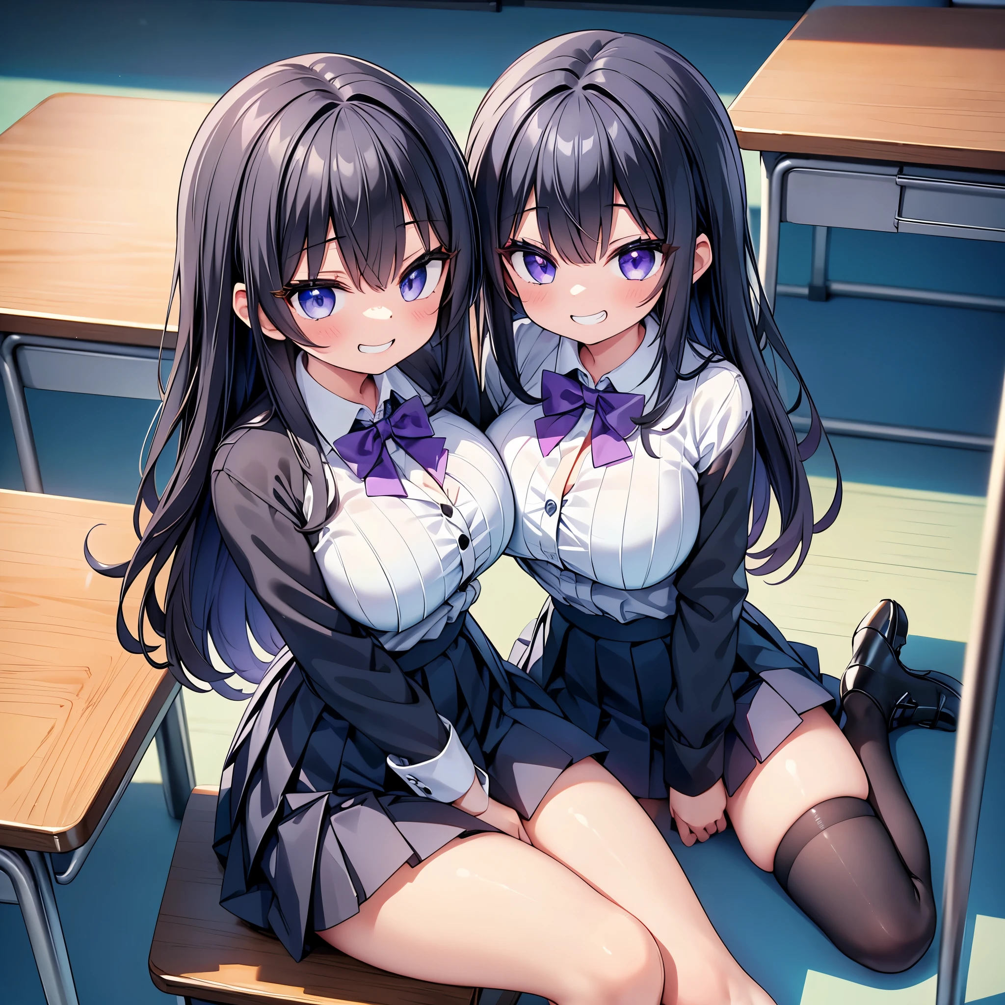 (cute eyes:1.2), (sparkling eyes:1.2), (8K、Best image quality、highest quality、masterpiece)、Detailed face、(2 girls)、Improve、(Black Hair, Purple Eyes, long hair)、Wicked Smile、((Grin))、(glamorous:1.2), (huge breasts)、((White collared shirt))、((Open clothes:1.1))、Cleavage、((Black pleated skirt))、((mini skirt))、White socks、loafers、Sit on a chair、whole body、Taken from above、Classroom Background、 (black stockings:1.1), (Thighs), (Waistline)