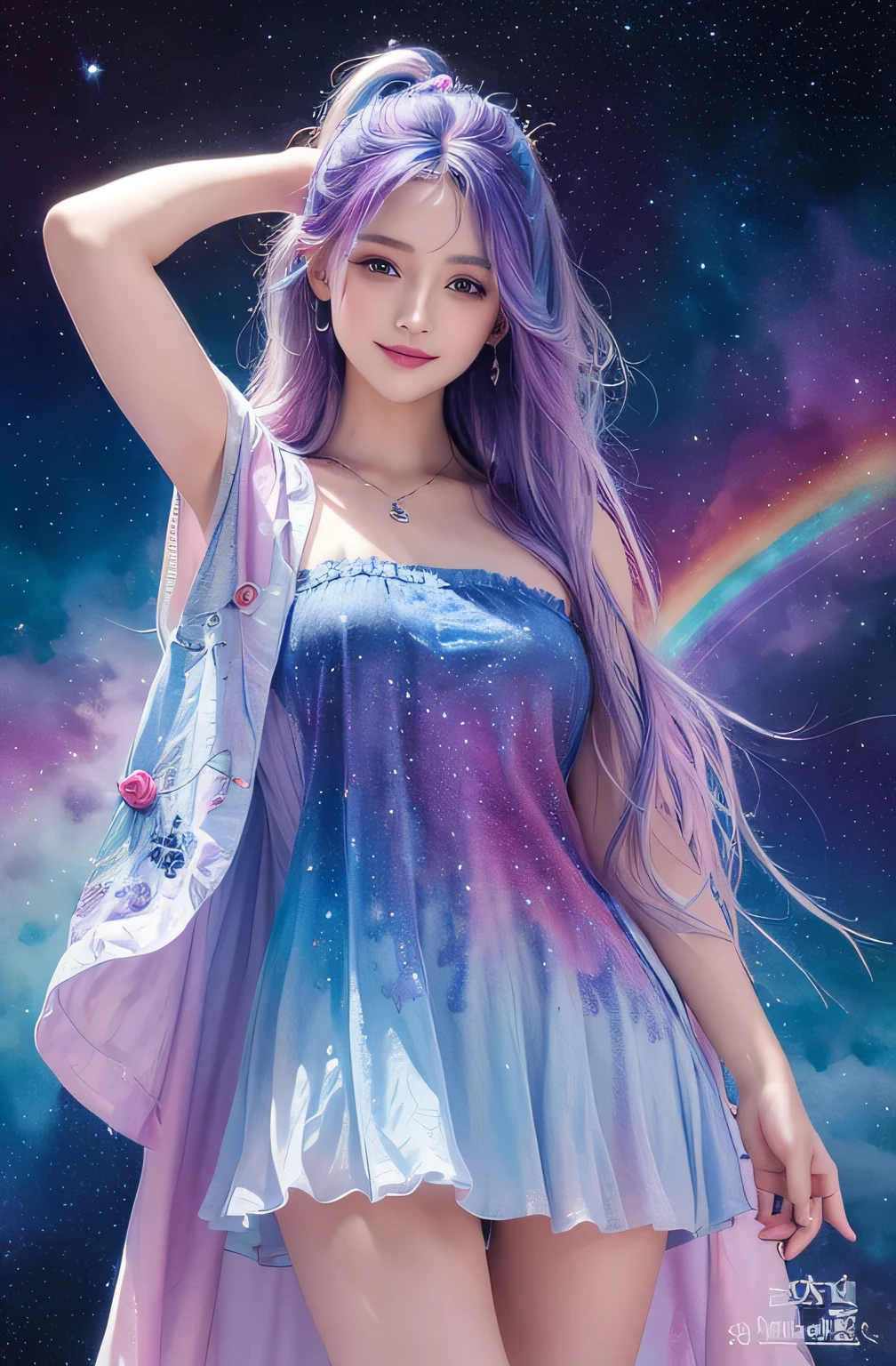 (masterpiece, highest quality, highest quality,watercolor (Moderate),Official Art, beautifully、aesthetic:1.2),(One girl:1.3), (Fractal Art:1.3), View your viewers,pattern,(Rainbow Hair,colorful hair,Half Blue、Half purple hair:1.2),water,liquid, cloud,colorful, Starry sky,performer,from the front,Smile,See-through costume,Upper body and thighs