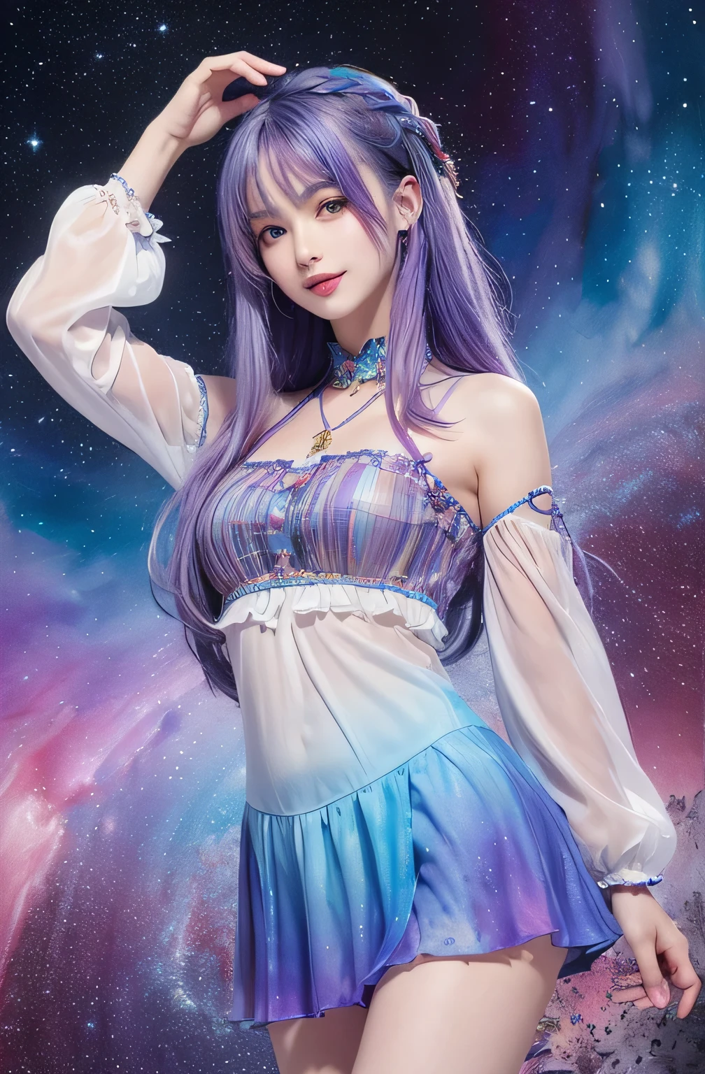 (masterpiece, highest quality, highest quality,watercolor (Moderate),Official Art, beautifully、aesthetic:1.2),(One girl:1.3), (Fractal Art:1.3), View your viewers,pattern,(Rainbow Hair,colorful hair,Half Blue、Half purple hair:1.2),water,liquid, cloud,colorful, Starry sky,performer,from the front,Smile,See-through costume,Upper body and thighs