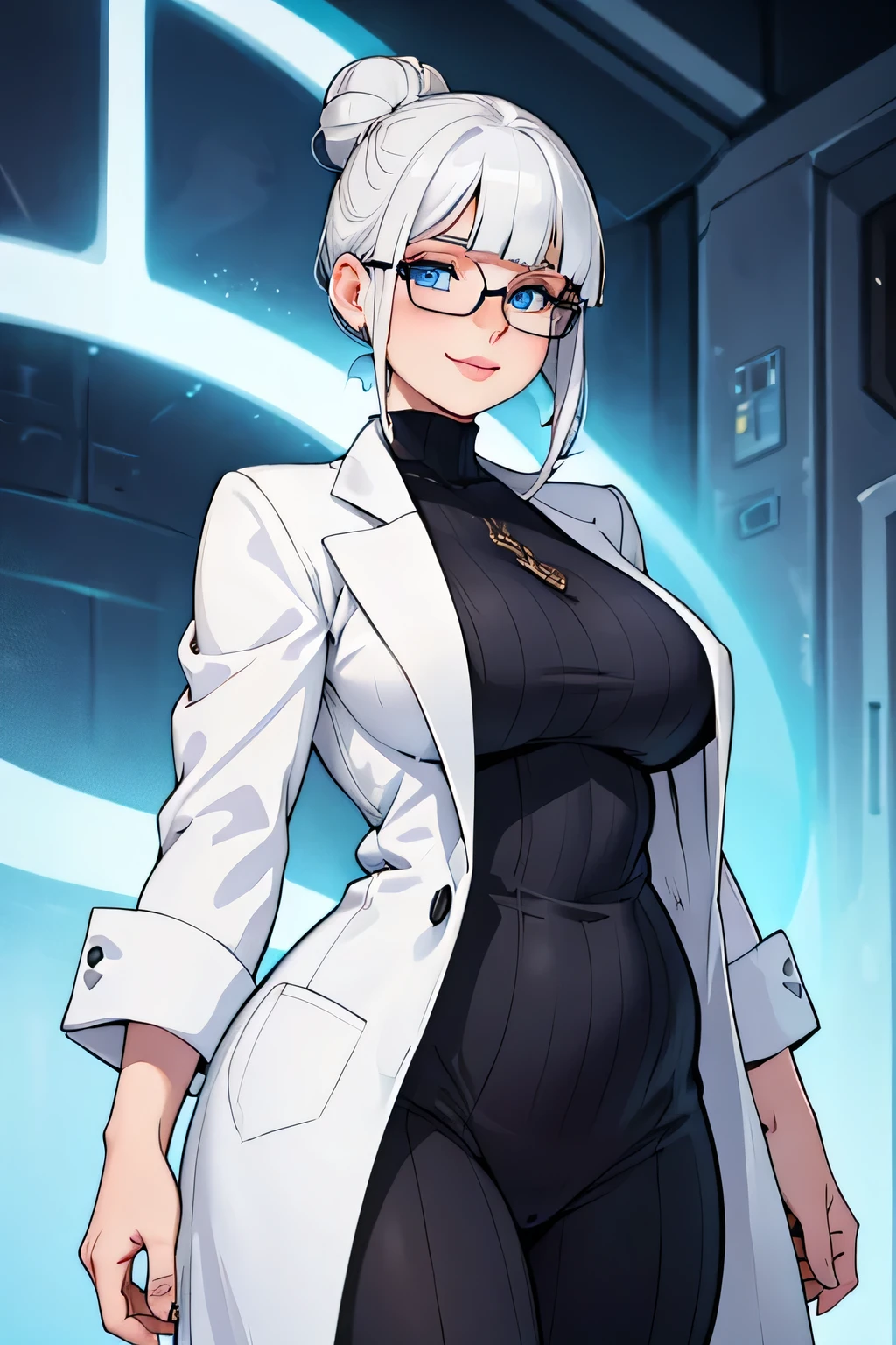 woman, white hair in single bun, curvy hourglass figure, busty, light blue eyes, square framed glasses, light pale skin, side swept bangs, mussed up Bardot bangs, smile, small plump lips, beautiful face, correct anatomy, high quality, blue sweater, white lab coat