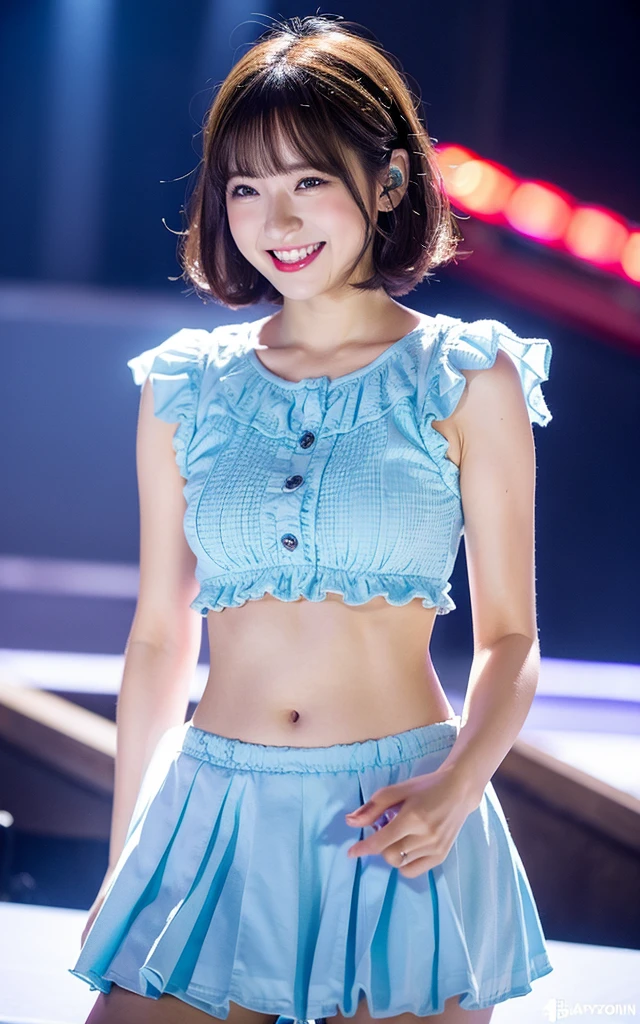 Top quality, extremely detailed, 35mm lens, f/1, portrait, professional photograph, 1 beautiful woman, wearing pale soft blue frilly idol girl tops and matching micro mini skirt and matching white short booty, show pantie, big smile, Short Hair, with Blunt Bangs, looking down at viewer, dancing, ((Full body shot)), medium chest, concert live house