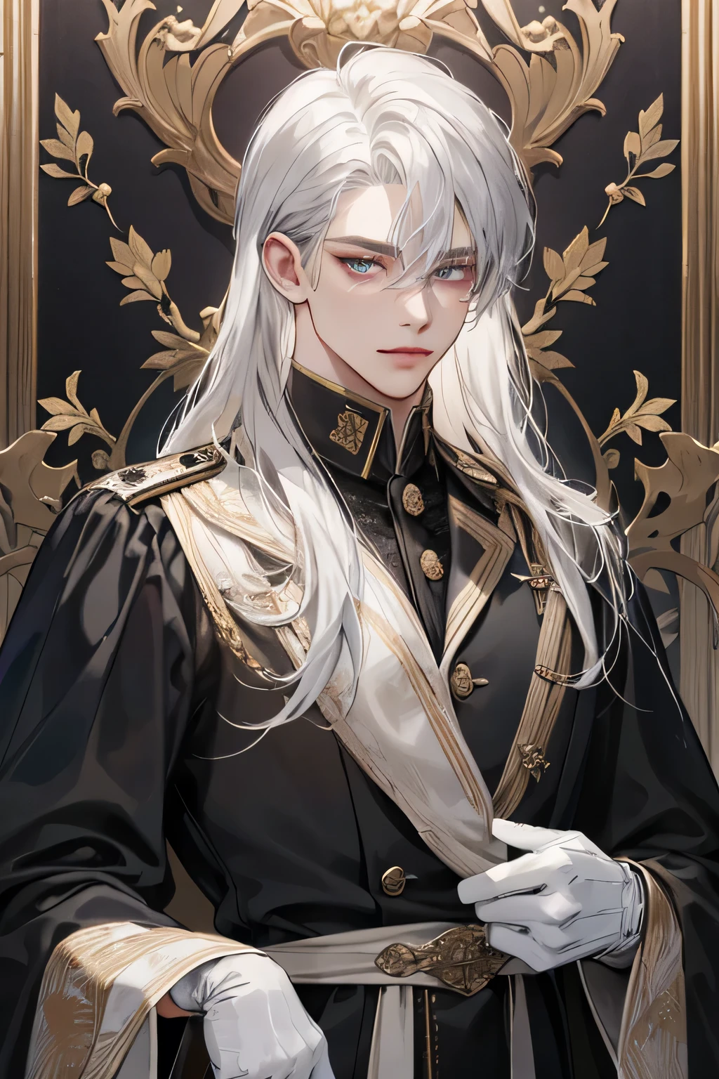 Emporer, old Man, male, 1boy, mature male, manly,  shine, depicting Equal eyes, golden eyes (A Male god) Look at camera, depicting delicate facial features, black uniform, white gloves, gothic style, ribbon, silver white   long hair, extreme detail, delicate depiction, light golden eyes, all colors except purple are low saturation, royal, elegant, noble, royal dress, gold eyes, silver white long hair