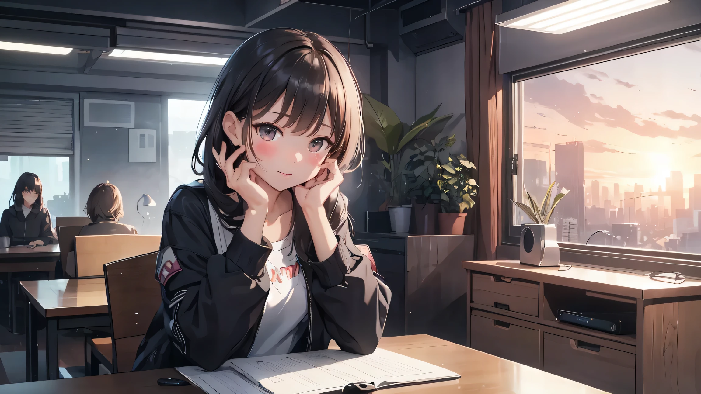 (Very detailed CG Unity 8K wallpaper,Tabletop, highest quality, Very detailed),The morning before the storm,Commuting,age girl in study room,Late Night,Laptop,Gachette,Old-fashioned television,Boombox,80's