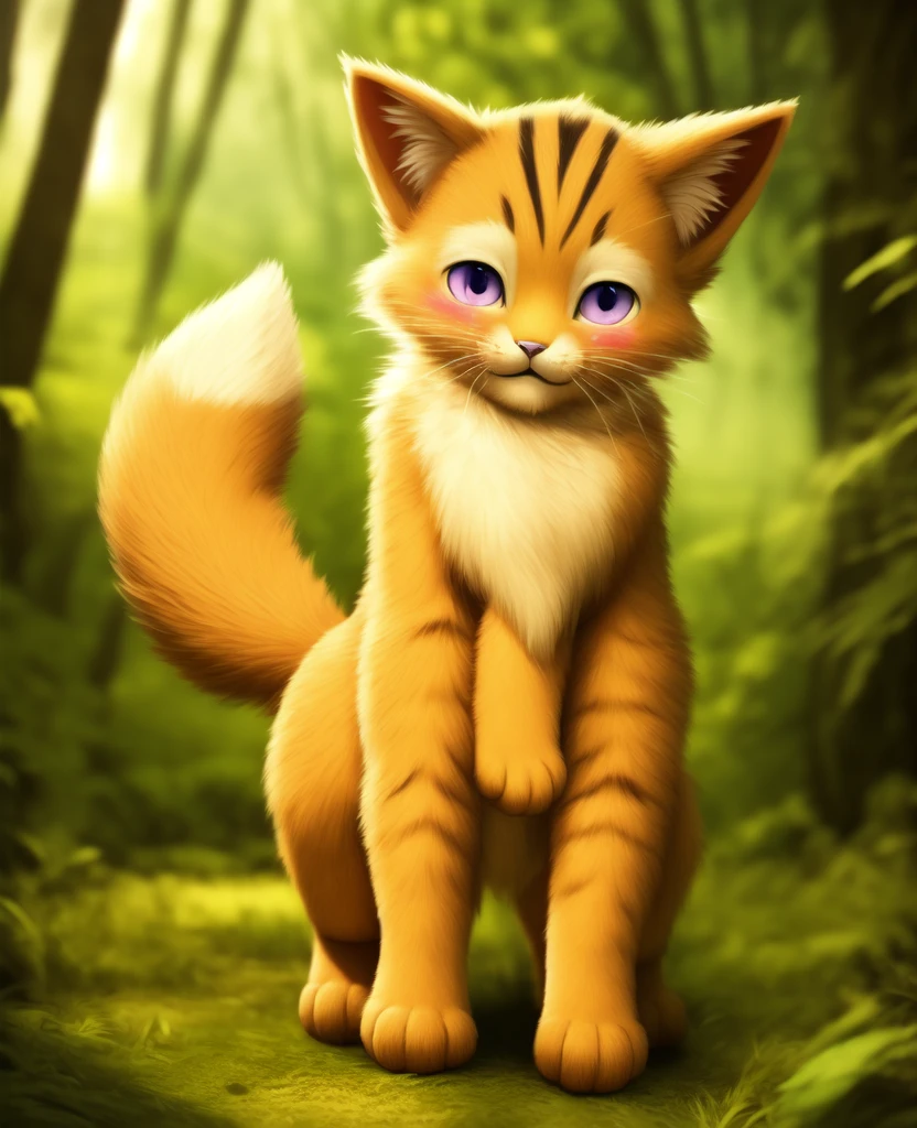 Dagashi, ( Hairy body) , (Realistic fur) , Are standing, Fluffy tail, blush, (:3), A cross between a boy and a cat, happy , Cinema Lighting ,4K, in the forest, cute　nude　Naked　Naked　Completely naked　sit down　Sit with your hands on the ground　On all fours　quadruped　Quadrupedal